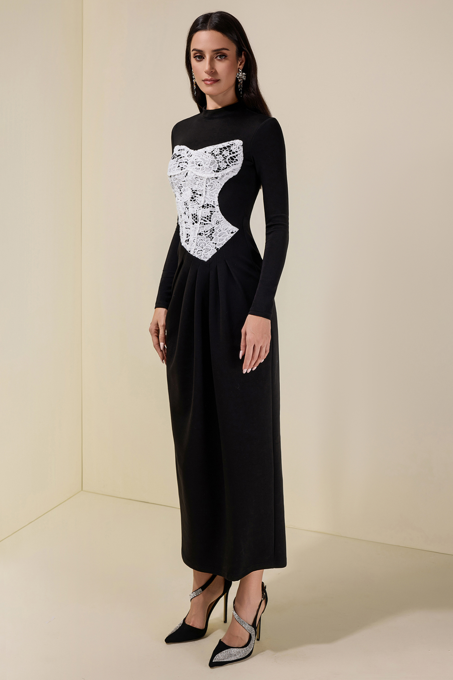 Lace Splicing Long Sleeve Maxi Dress