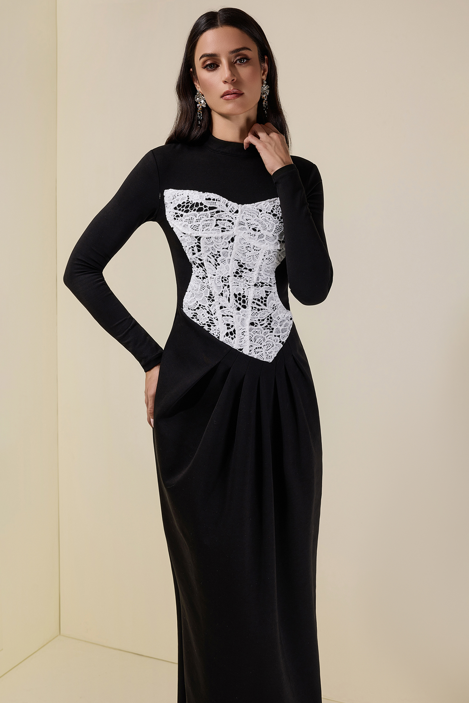 Lace Splicing Long Sleeve Maxi Dress