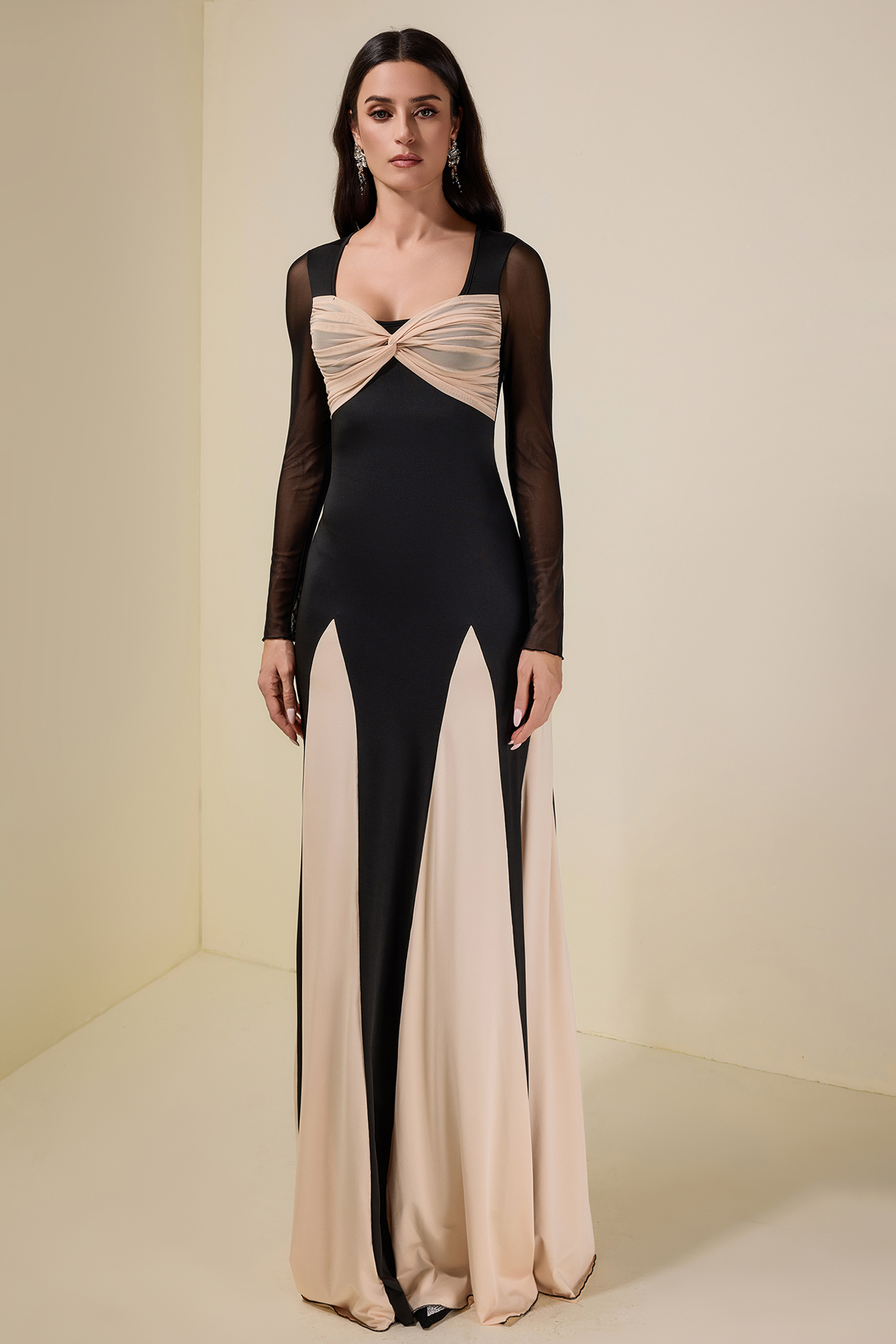 Contrast Color Jersey Splicing Mesh Maxi Dress