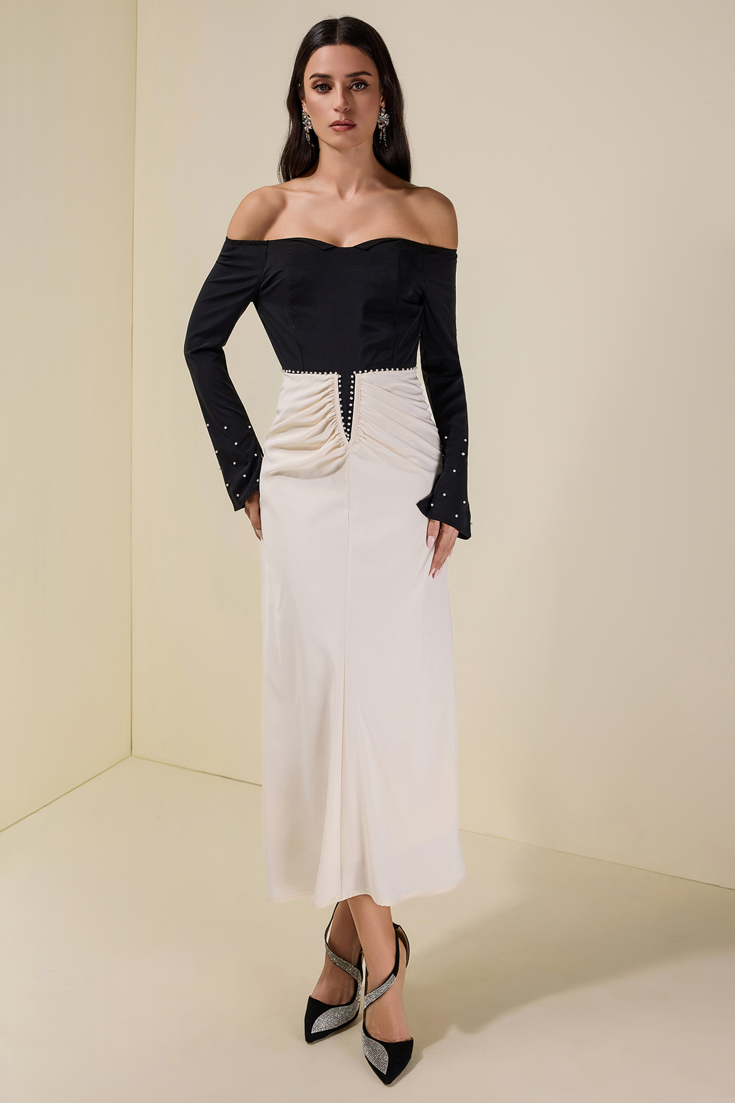 Contrast Color Faux Pearl Off Shoulder Midi Dress