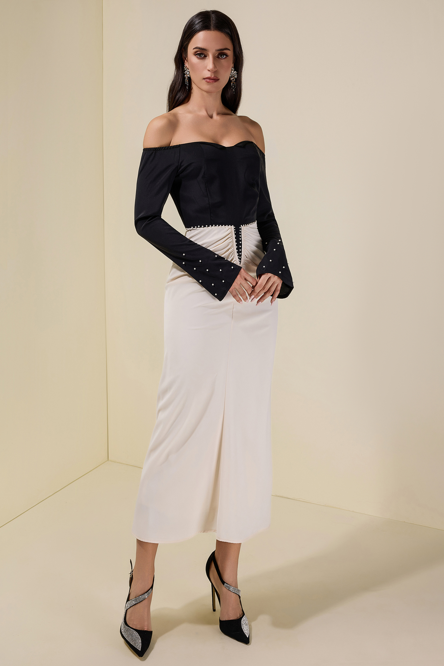 Contrast Color Faux Pearl Off Shoulder Midi Dress