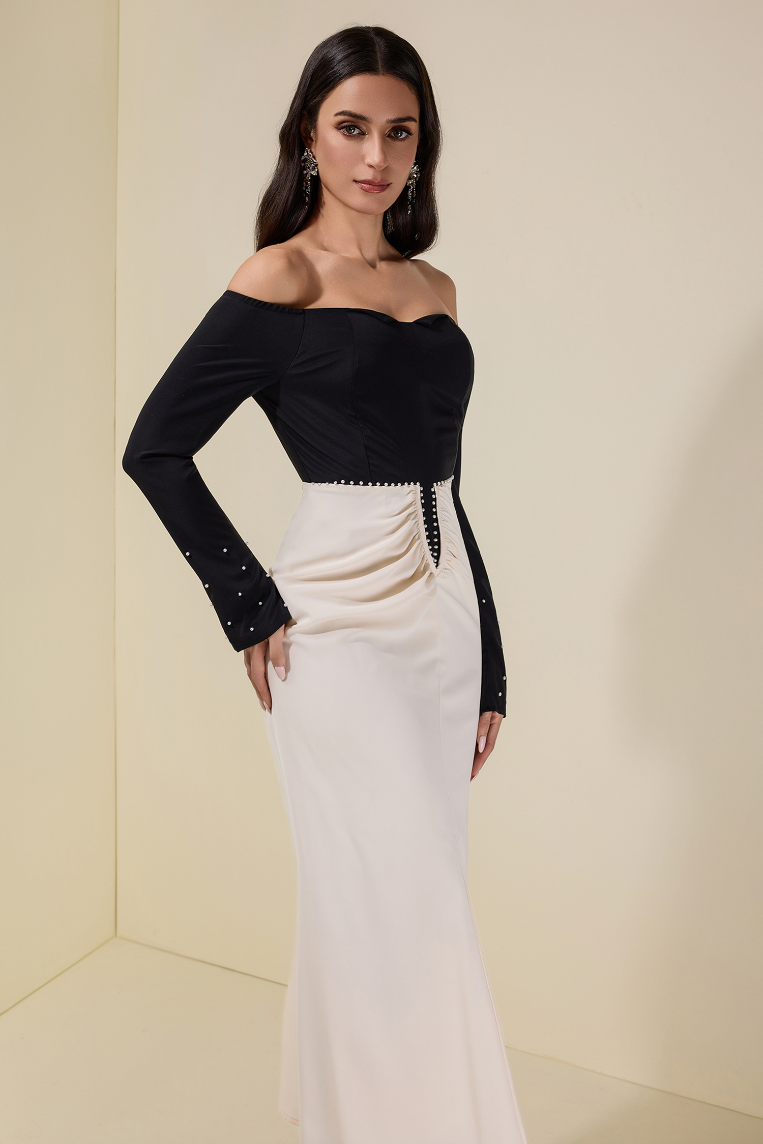 Contrast Color Faux Pearl Off Shoulder Midi Dress