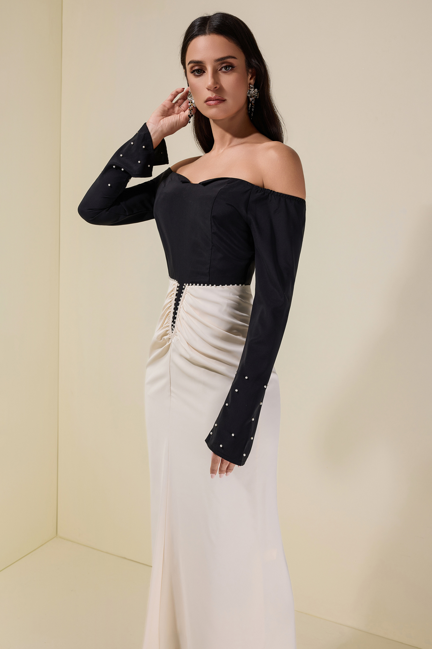 Contrast Color Faux Pearl Off Shoulder Midi Dress