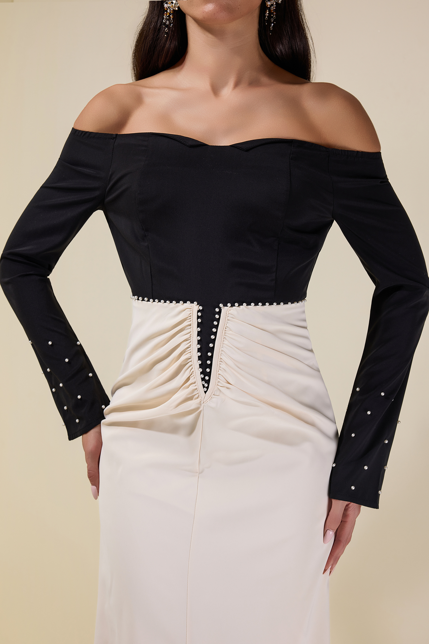 Contrast Color Faux Pearl Off Shoulder Midi Dress