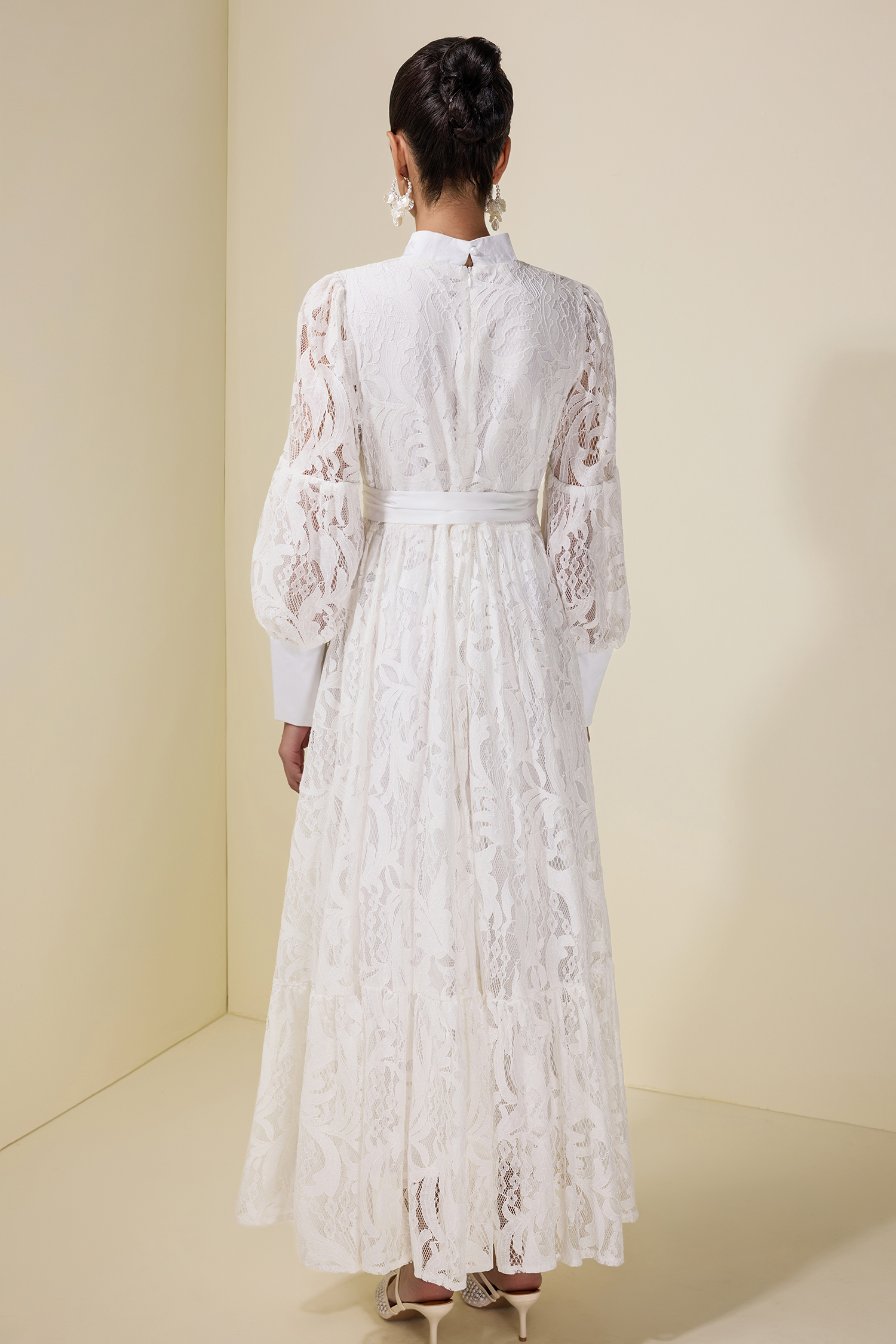 Lace Puff Sleeve Maxi Dress With Belt