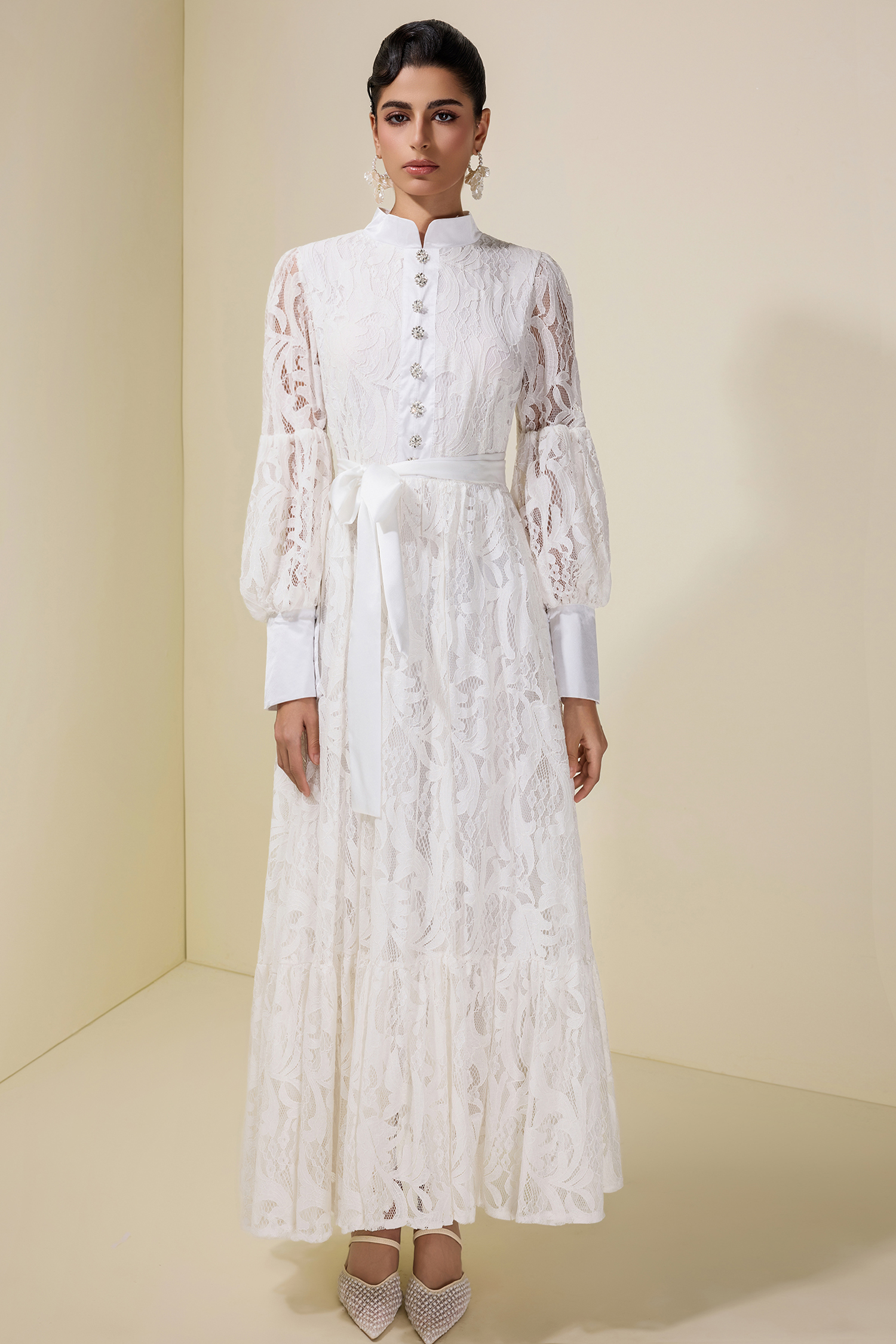 Lace Puff Sleeve Maxi Dress With Belt