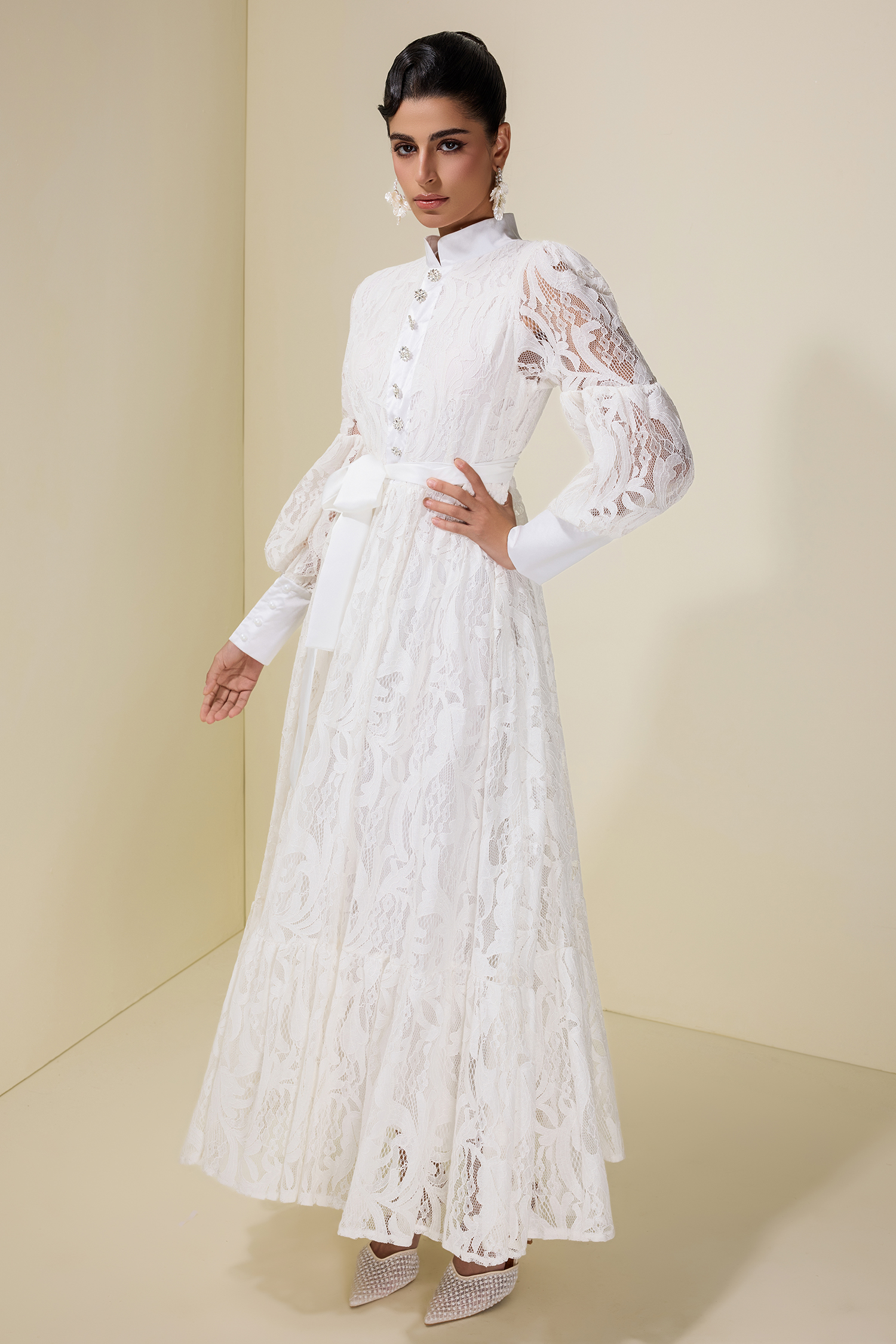 Lace Puff Sleeve Maxi Dress With Belt