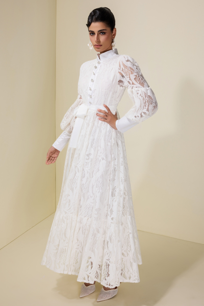 Lace Puff Sleeve Maxi Dress With Belt