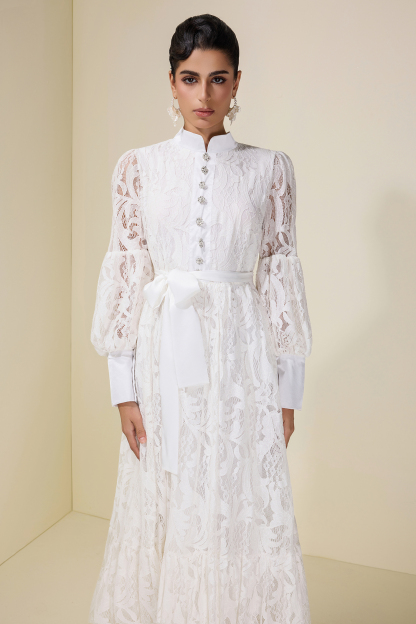 Lace Puff Sleeve Maxi Dress With Belt