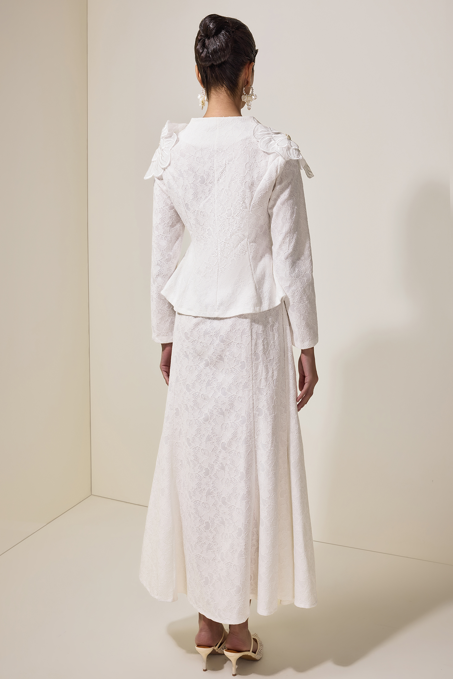 Embroidered Faux Pearl Top & Midi Skirt Set