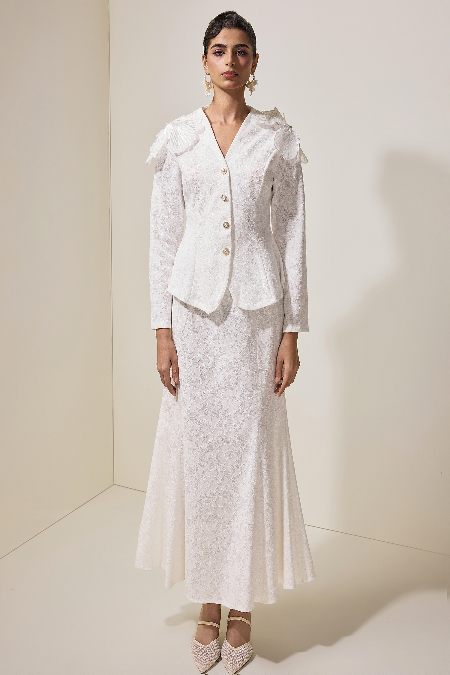 Embroidered Faux Pearl Top & Midi Skirt Set