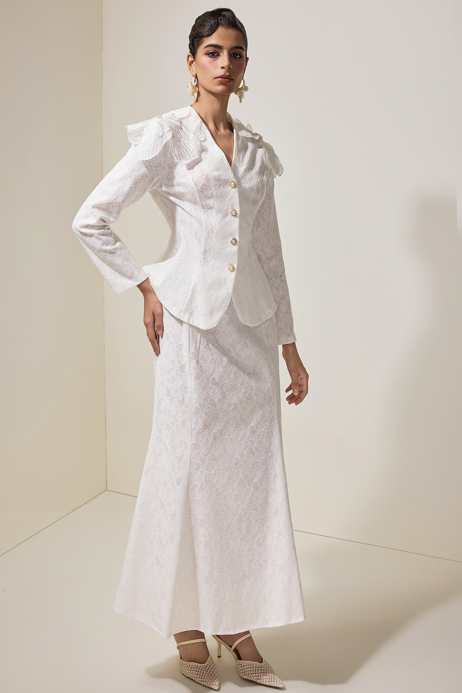 Embroidered Faux Pearl Top & Midi Skirt Set