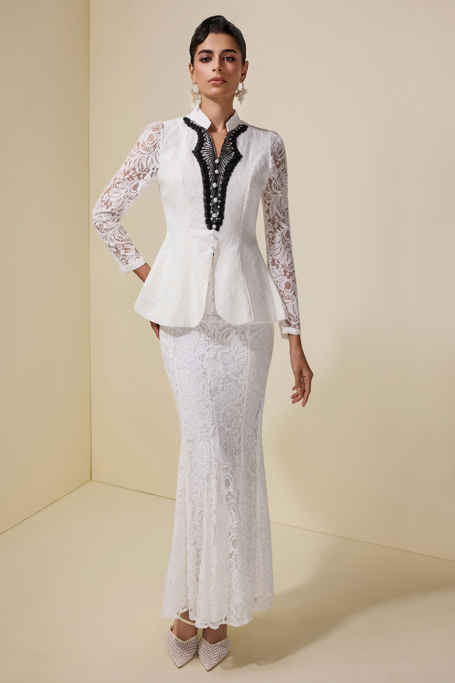 Lace Nail Bead Embroidery Top & Maxi Skirt Set