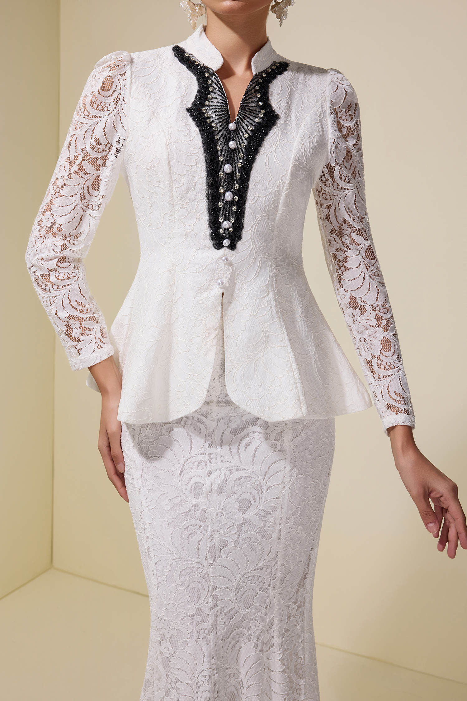 Lace Nail Bead Embroidery Top & Maxi Skirt Set