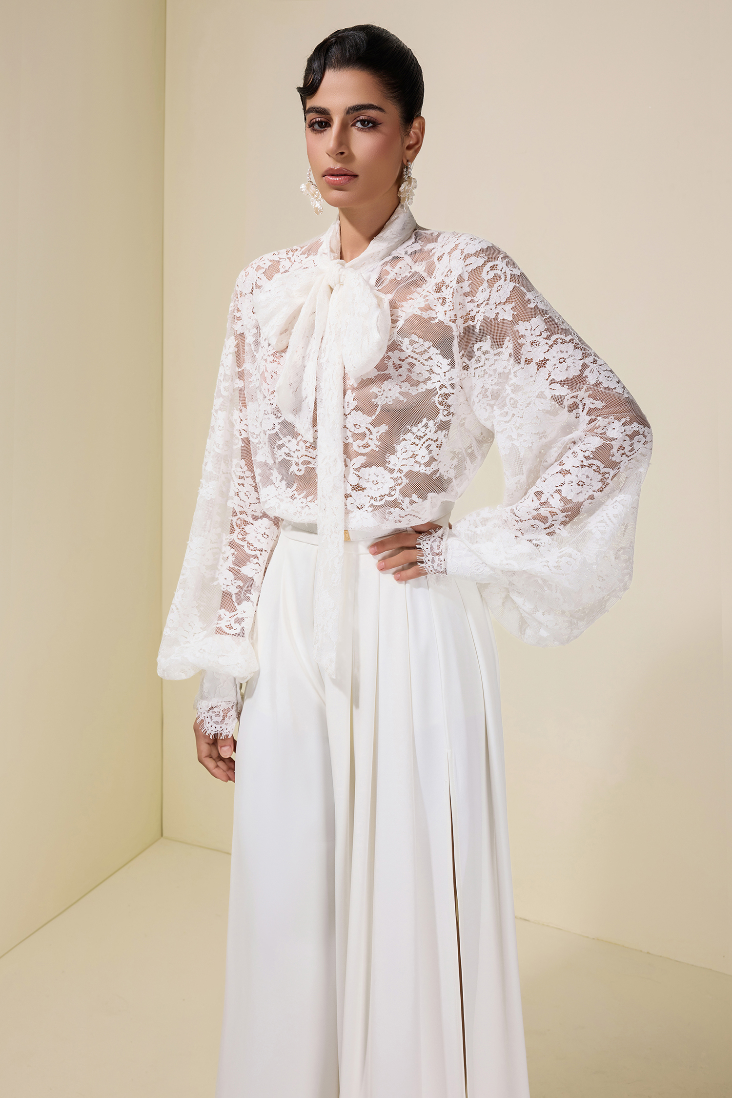 Lace Tie-Up Top & Loose Pants Set With Belt