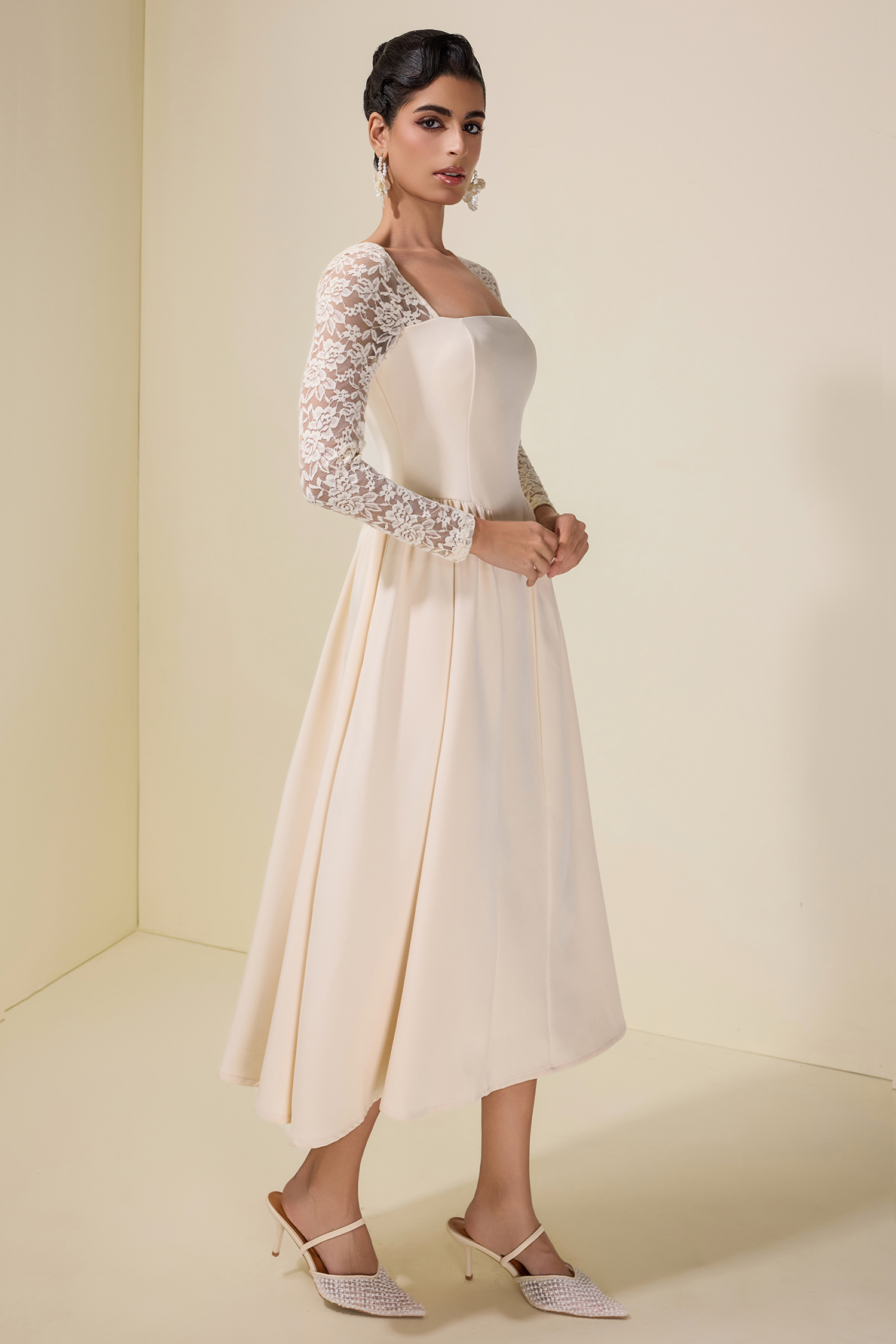 Lace Splicing See-Through Midi Dress