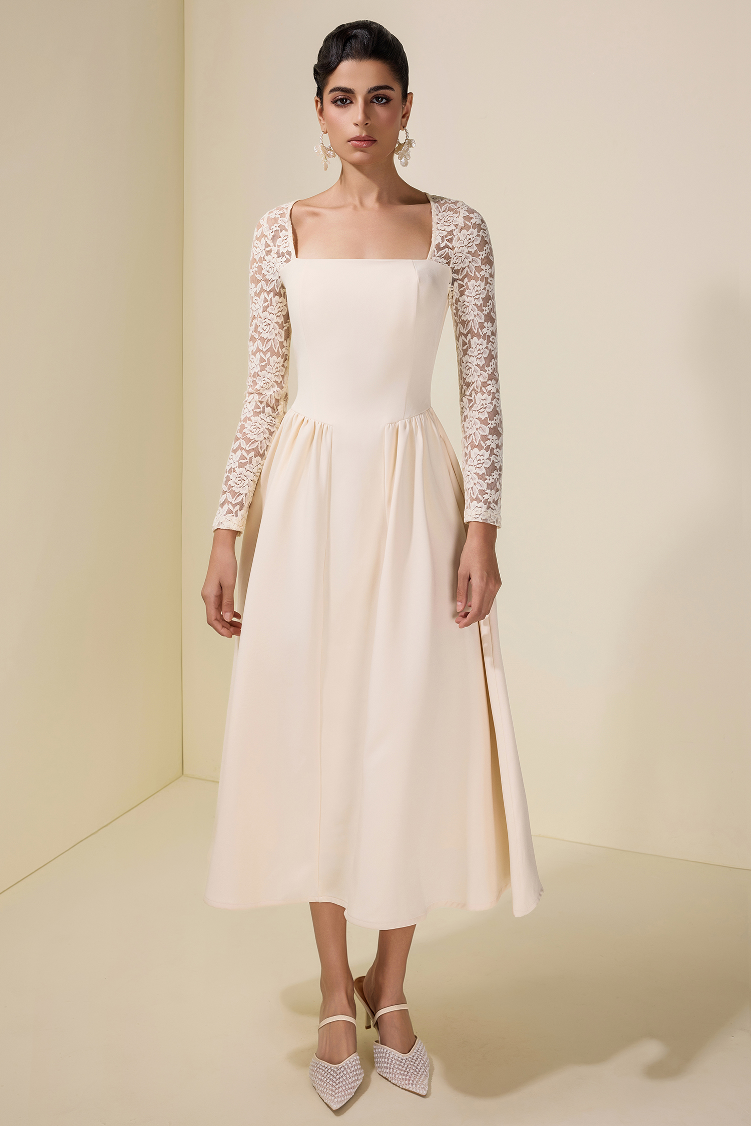 Lace Splicing See-Through Midi Dress