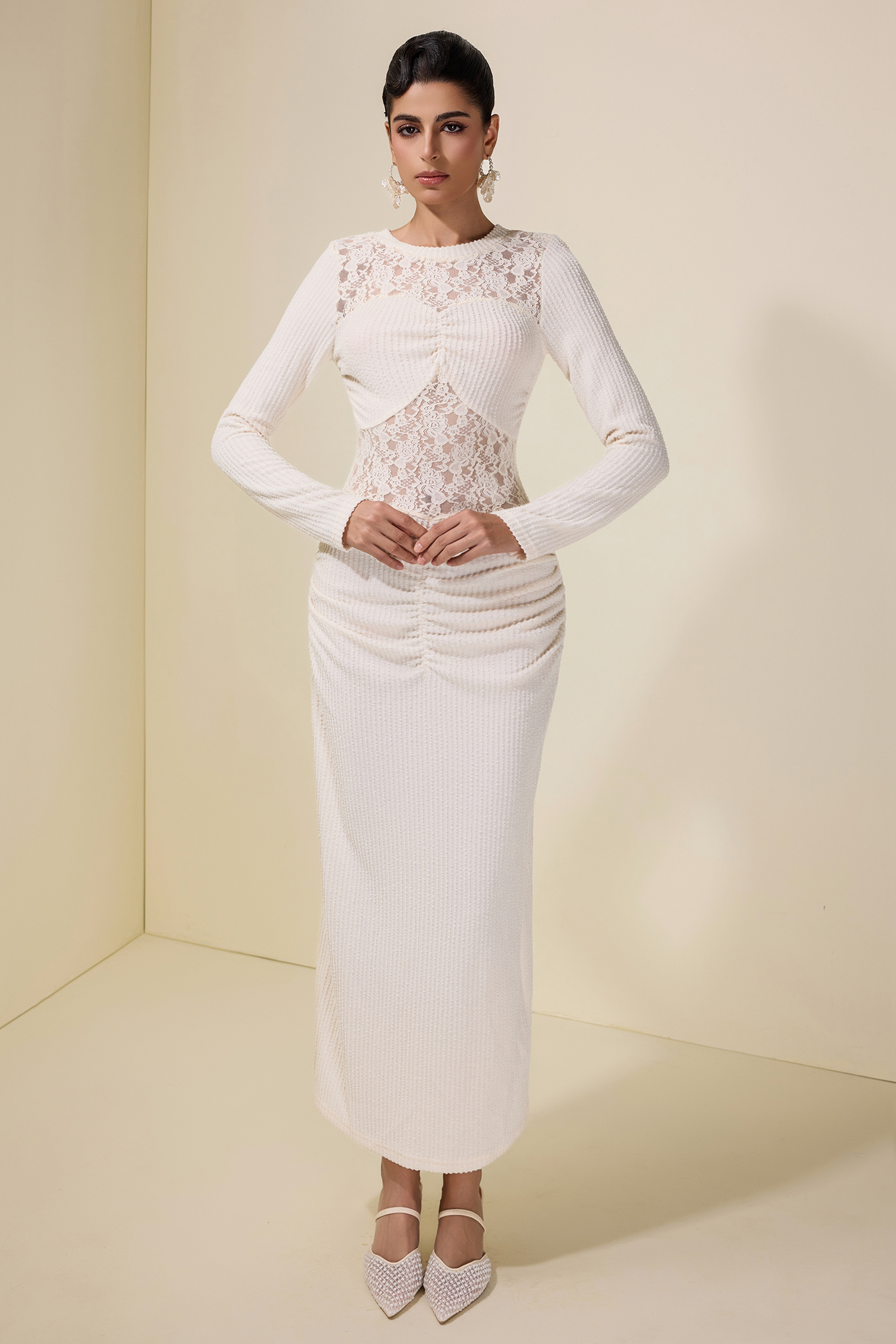 Lace Splicing Jersey Long Sleeve Midi Dress