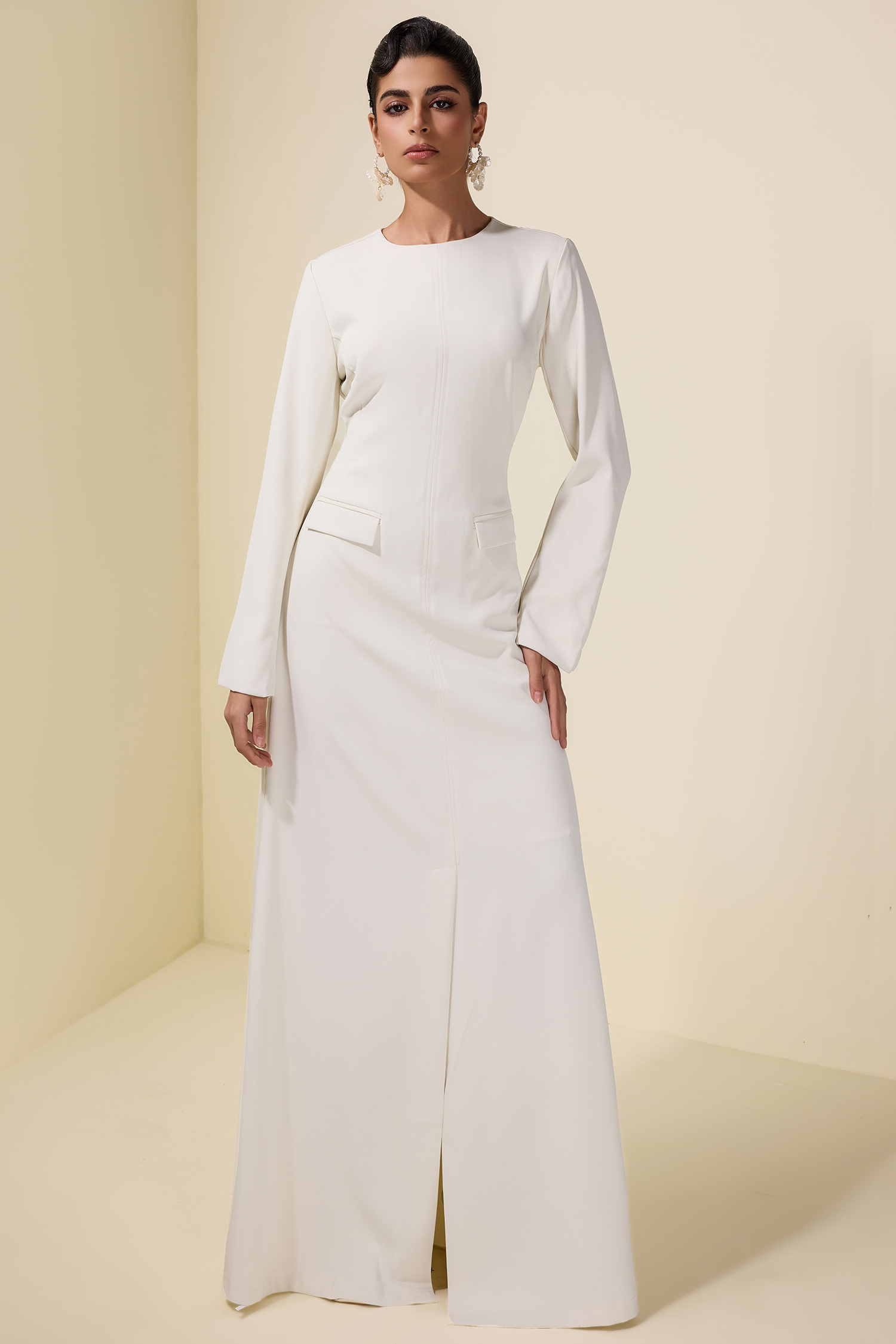 Solid Long Sleeve Split Maxi Dress