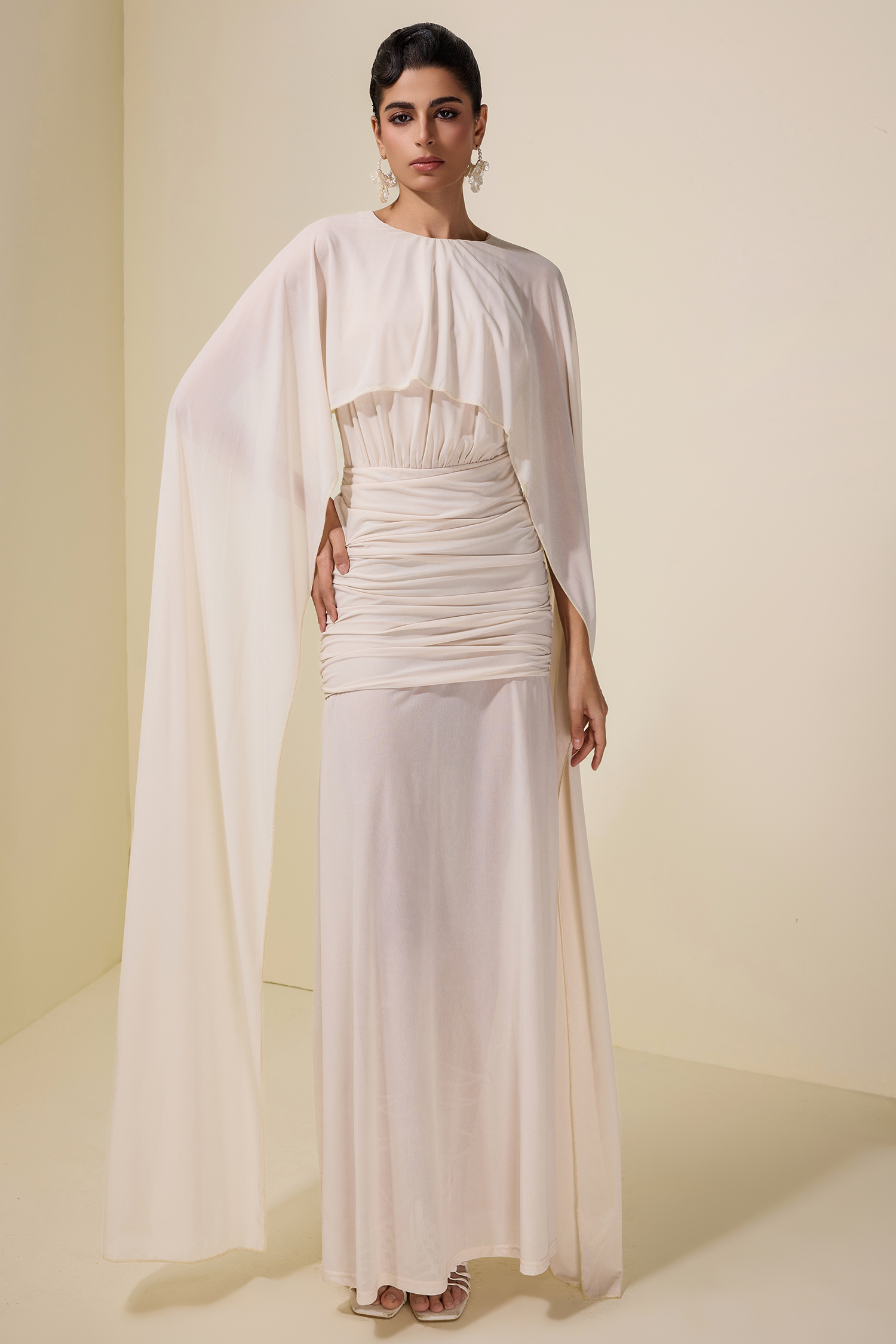 Jersey Cape Sleeve Gathering Maxi Dress