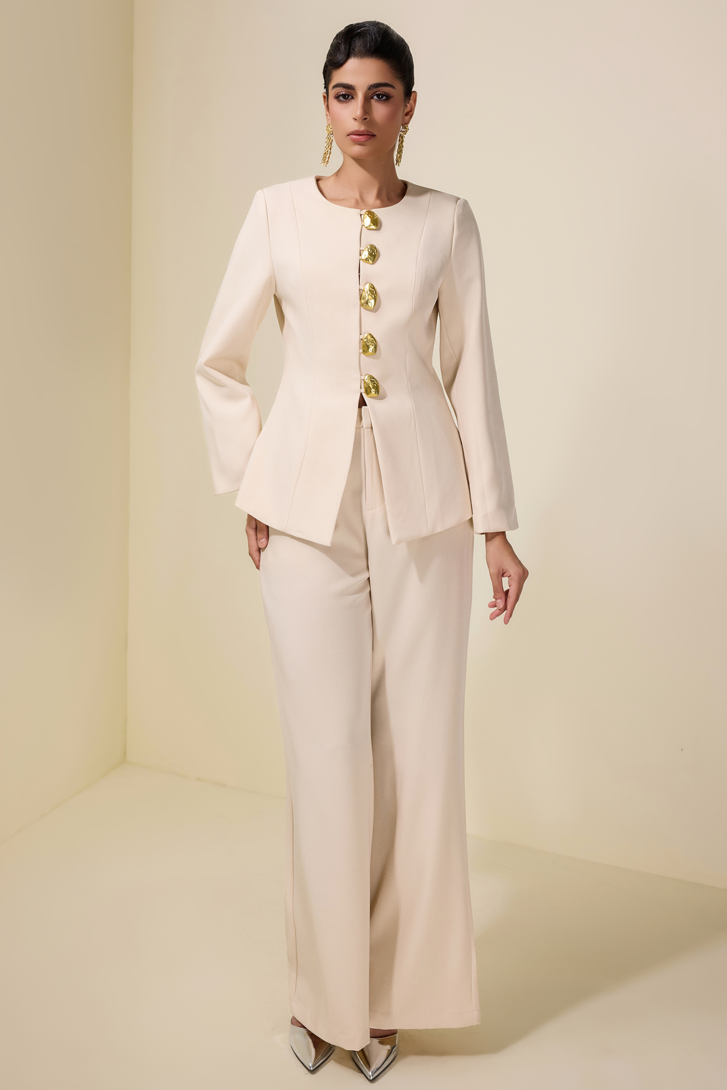 Metal Button Long Sleeve Top & Pants Set