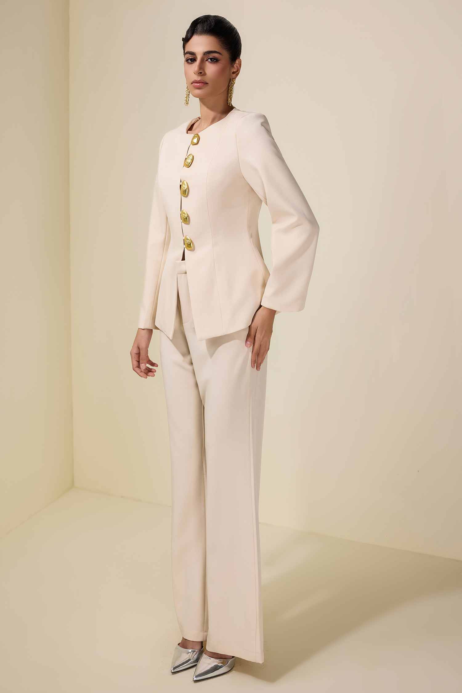 Metal Button Long Sleeve Top & Pants Set