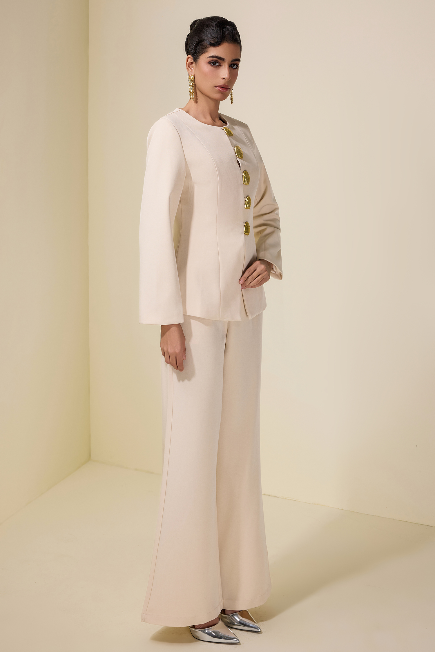 Metal Button Long Sleeve Top & Pants Set