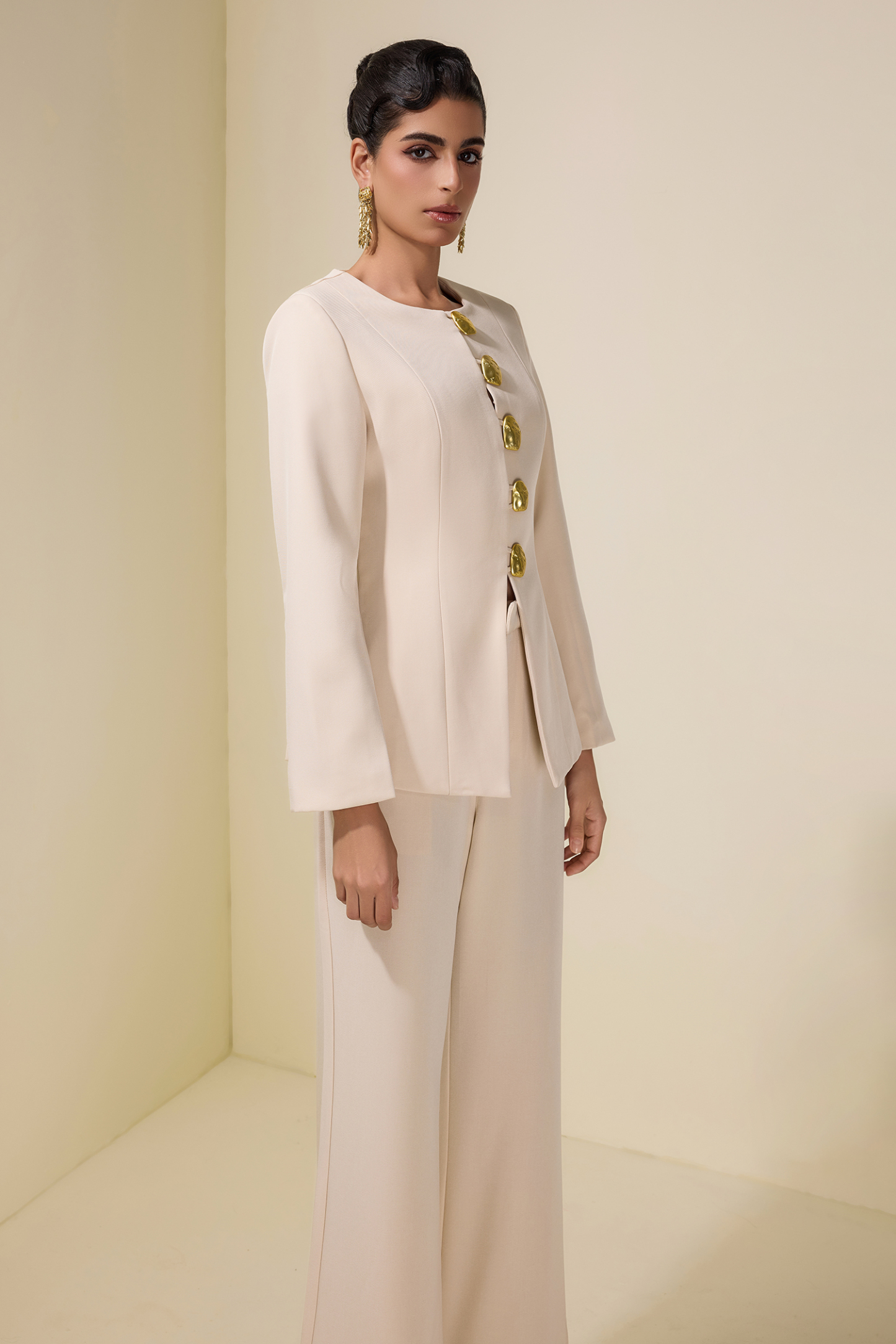 Metal Button Long Sleeve Top & Pants Set