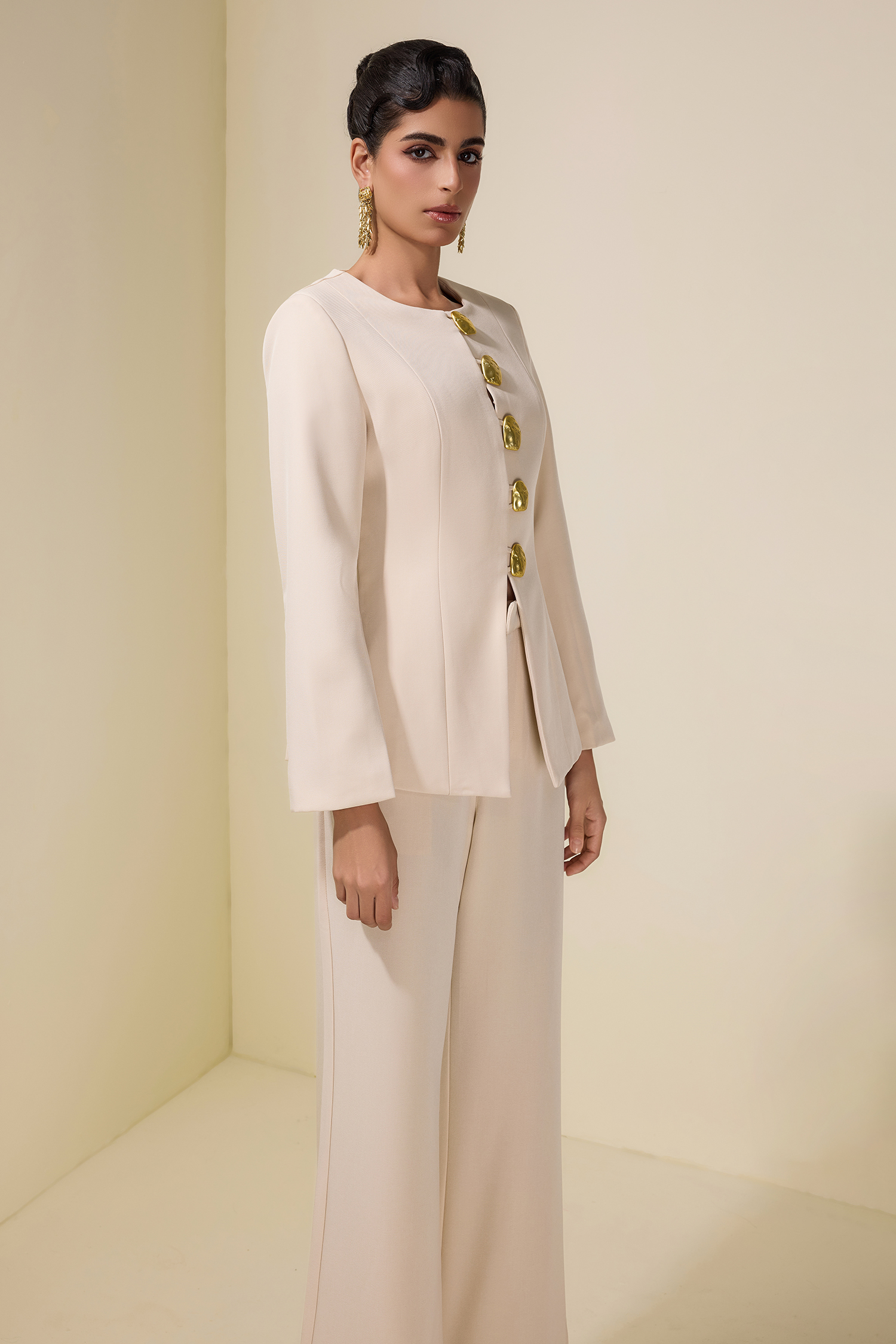 Metal Button Long Sleeve Top & Pants Set