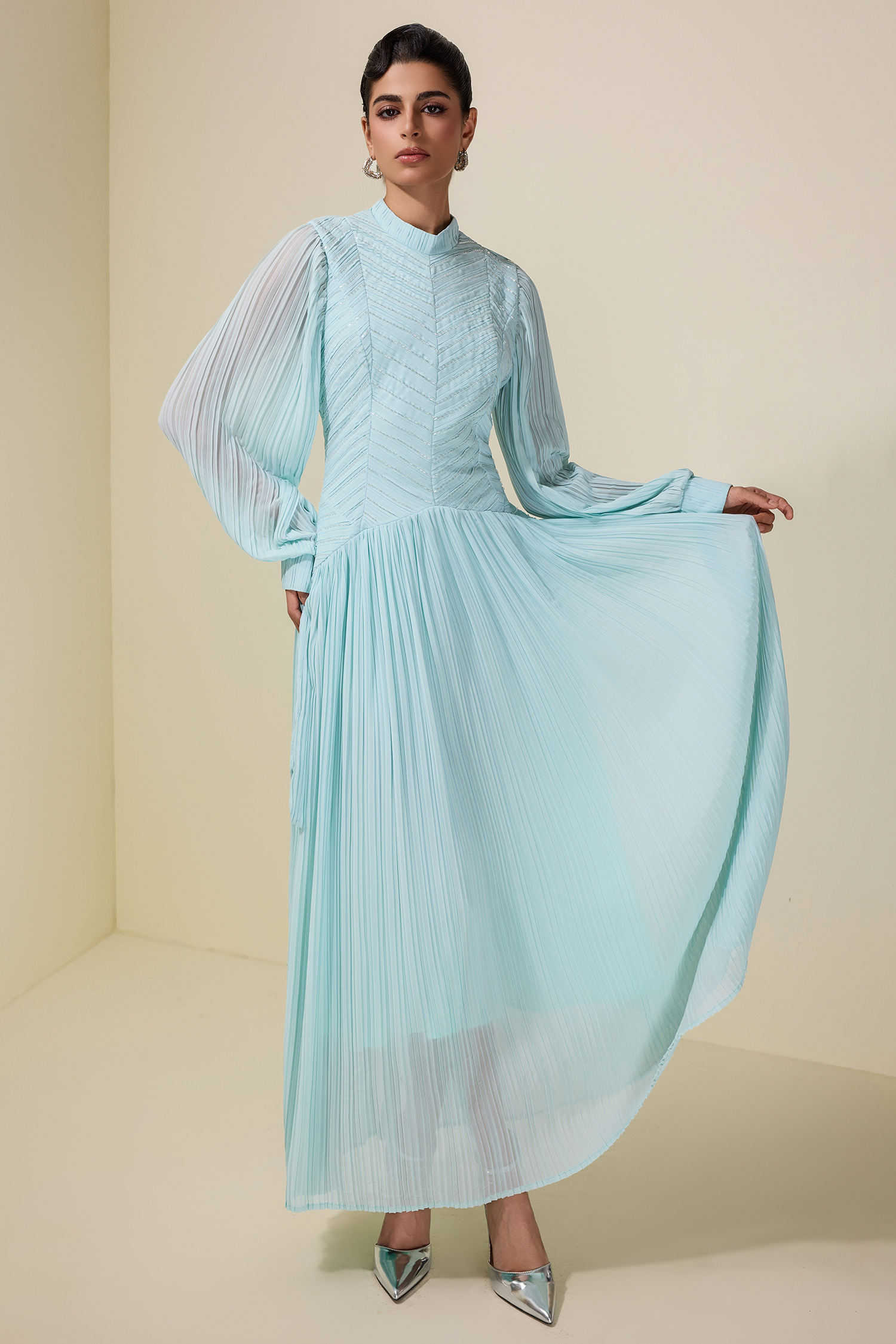 Chiffon Pleated Beaded Maxi Dress