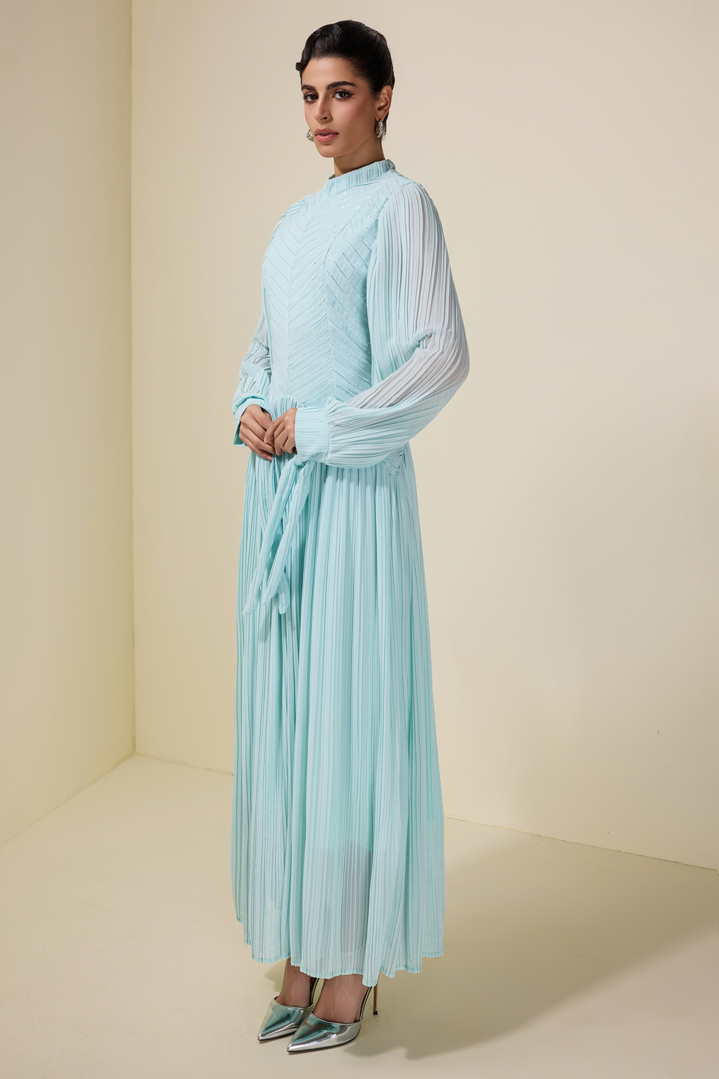 Chiffon Pleated Beaded Maxi Dress