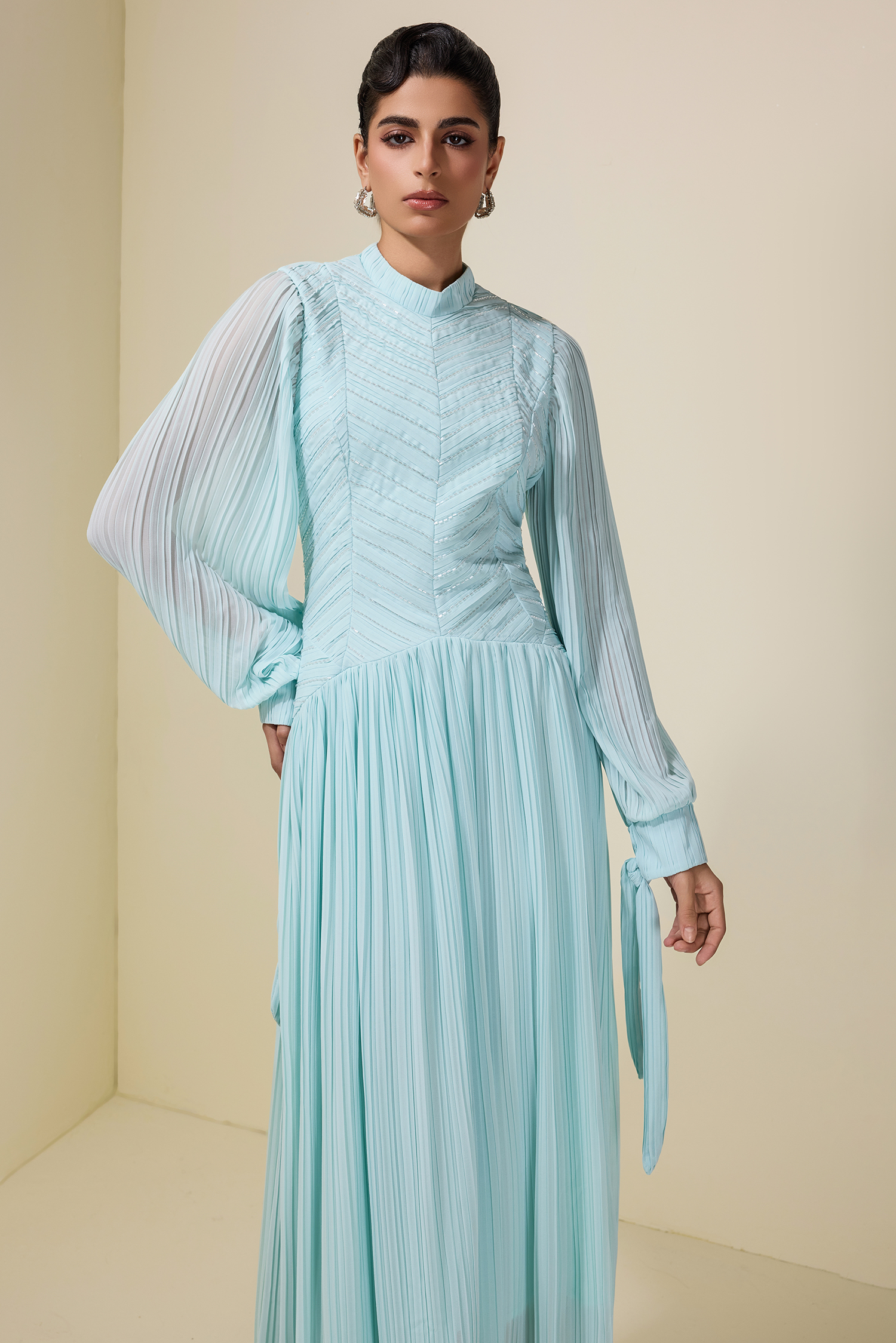 Chiffon Pleated Beaded Maxi Dress