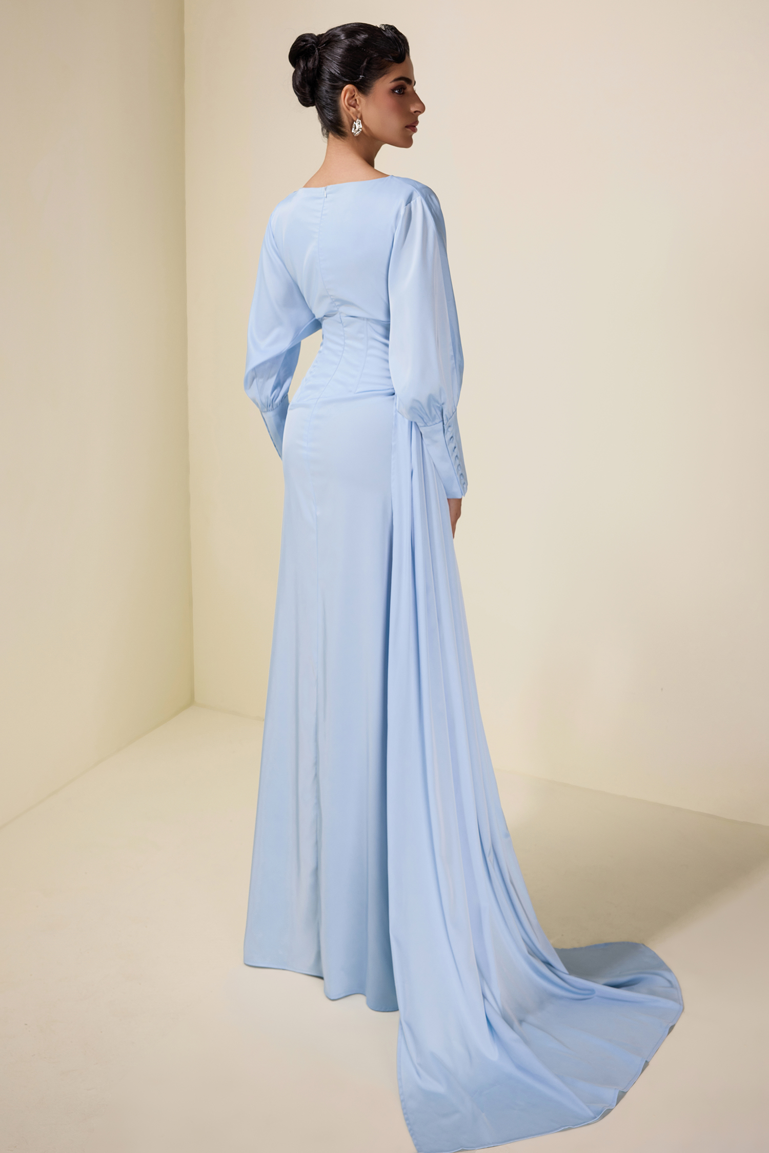 Satin Gathering Boat Neck Maxi Dress