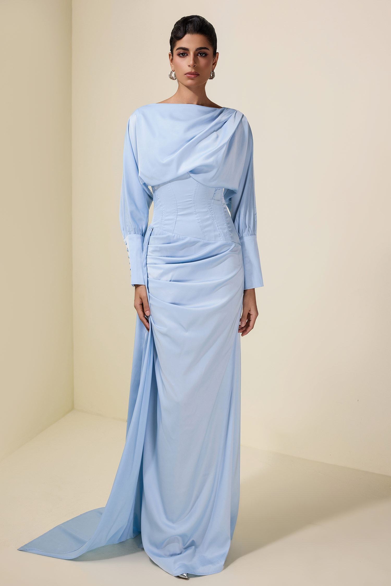 Satin Gathering Boat Neck Maxi Dress
