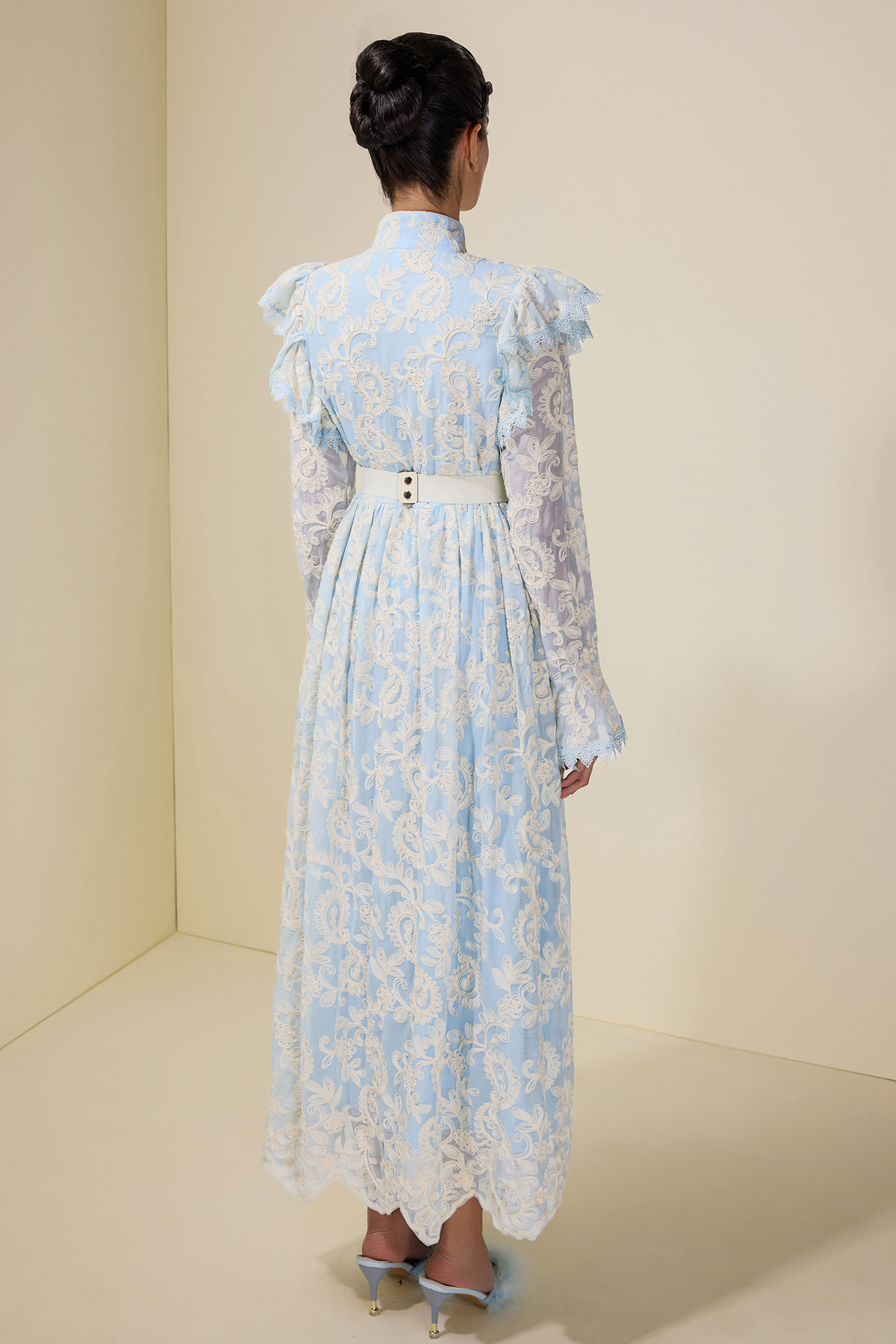 Chiffon Embroidered Single Breasted Midi Dress With Belt