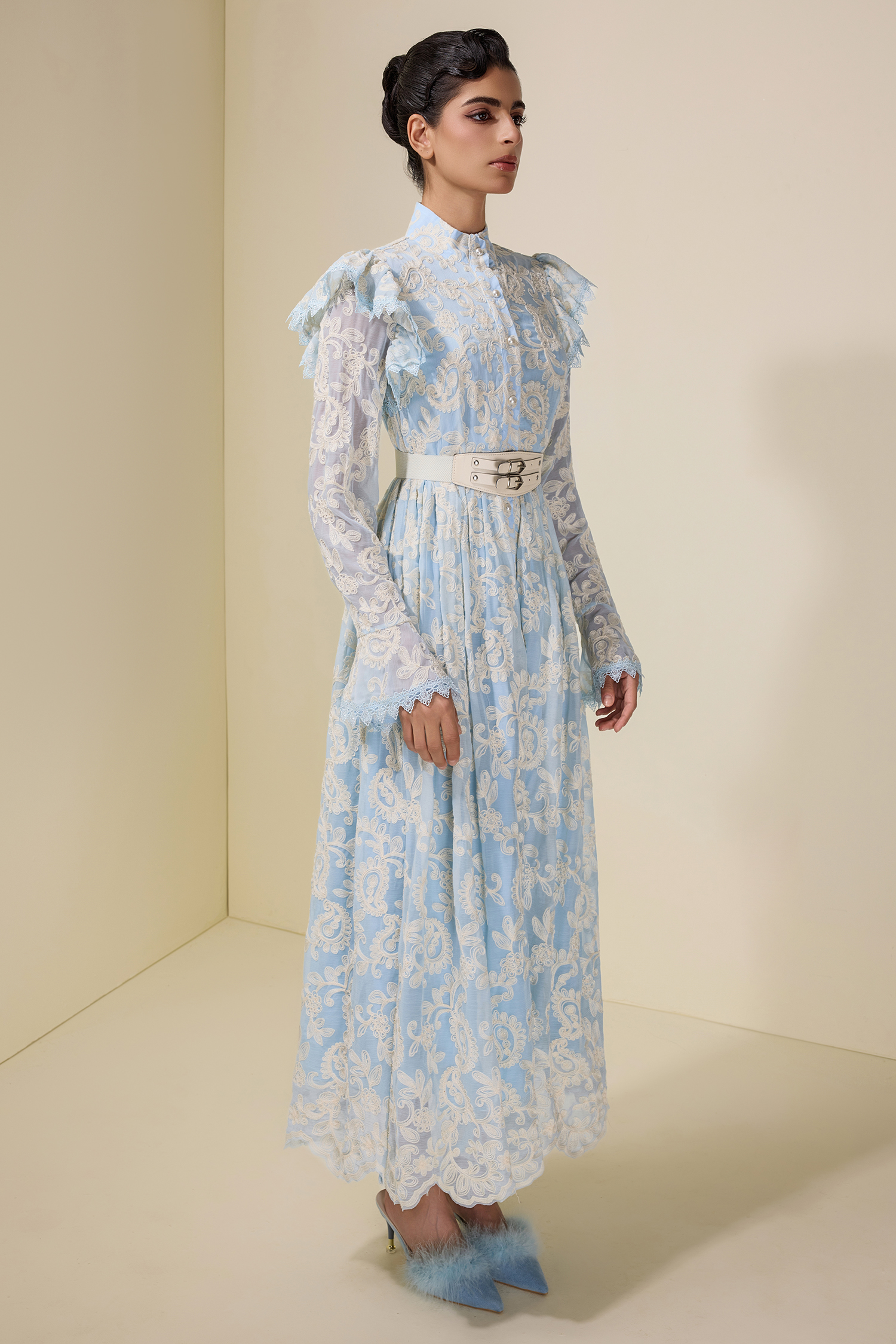 Chiffon Embroidered Single Breasted Midi Dress With Belt