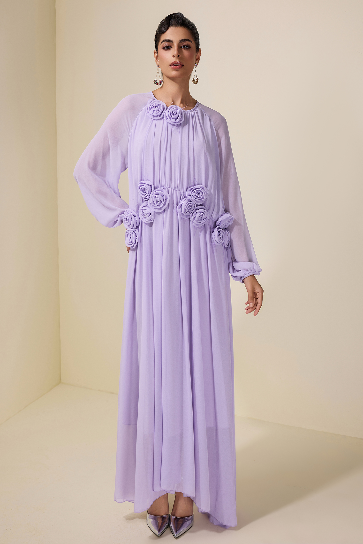 3D Flower Chiffon Raglan Sleeve Maxi Dress