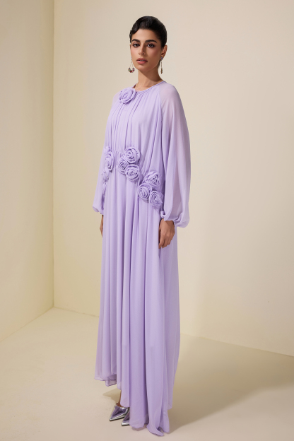 3D Flower Chiffon Raglan Sleeve Maxi Dress