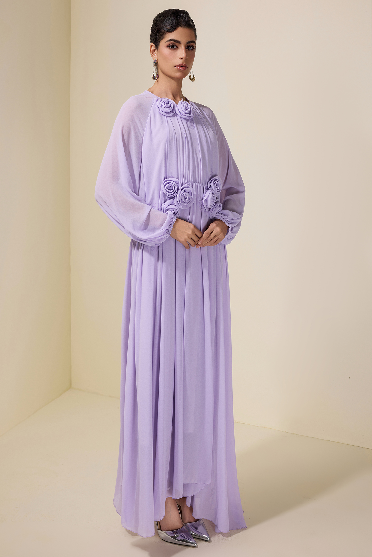 3D Flower Chiffon Raglan Sleeve Maxi Dress