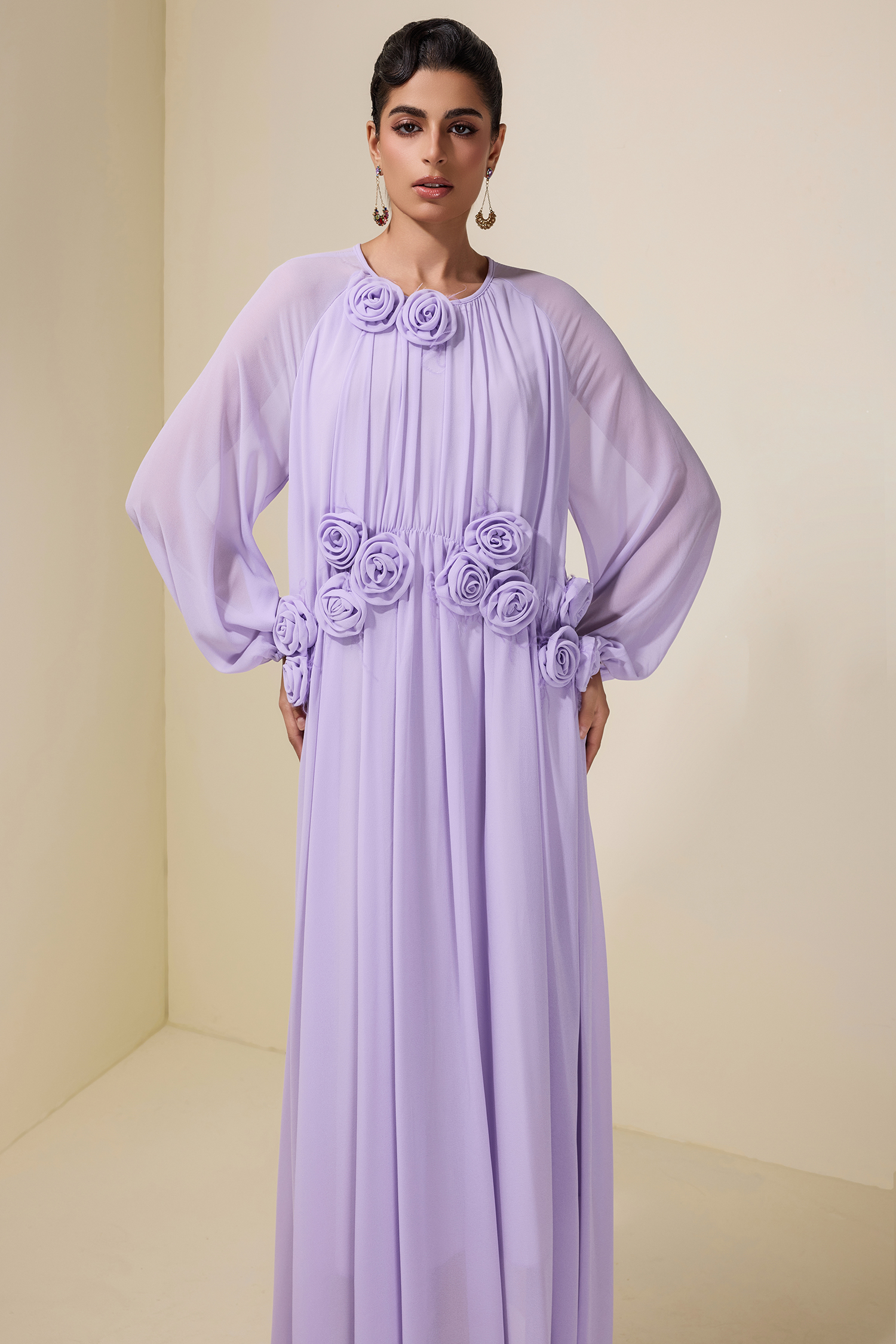 3D Flower Chiffon Raglan Sleeve Maxi Dress