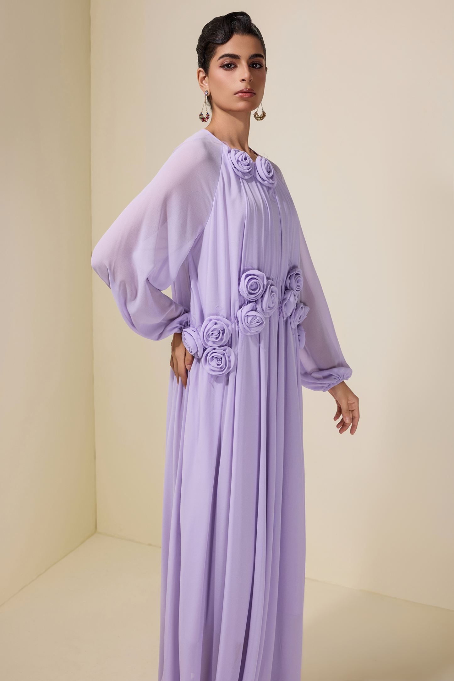 3D Flower Chiffon Raglan Sleeve Maxi Dress