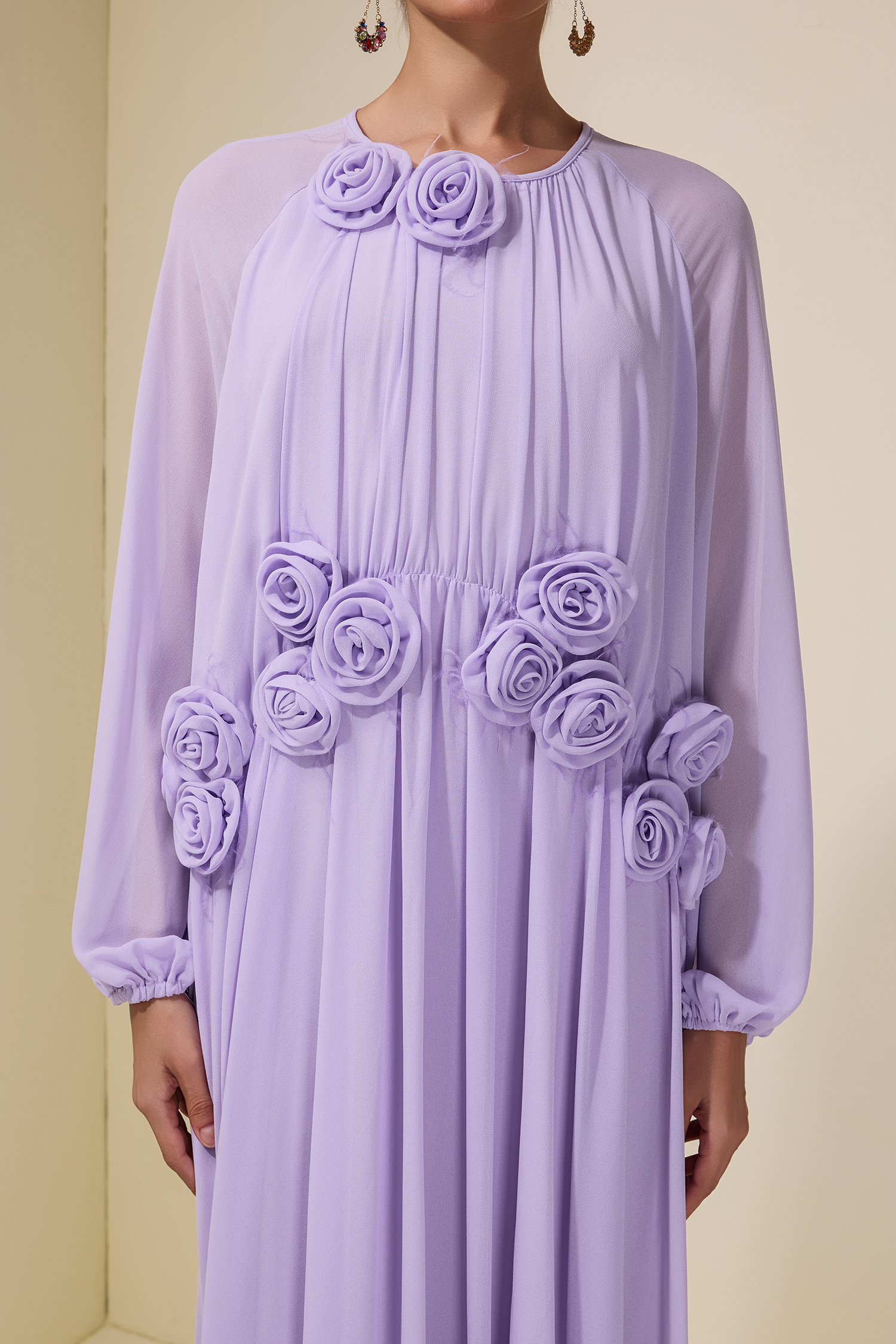 3D Flower Chiffon Raglan Sleeve Maxi Dress