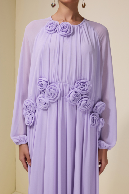 3D Flower Chiffon Raglan Sleeve Maxi Dress