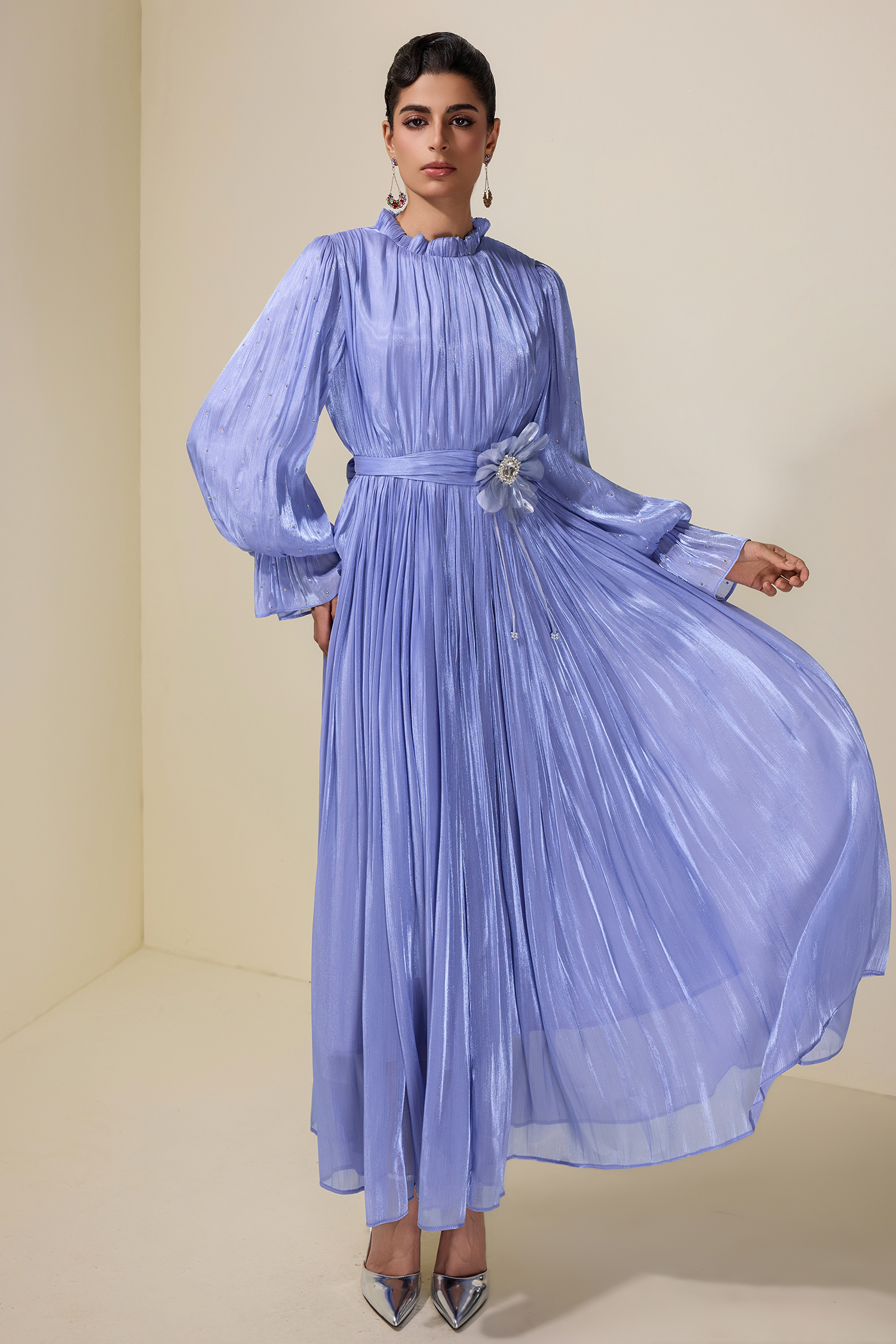 3D Flower Rhinestone Rivets Midi Dress