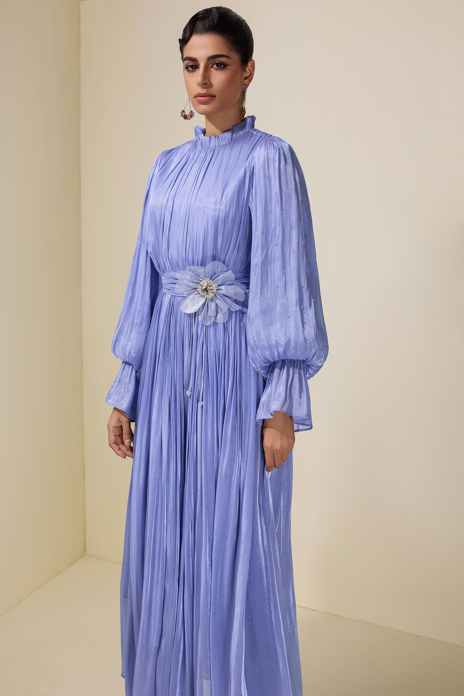 3D Flower Rhinestone Rivets Midi Dress