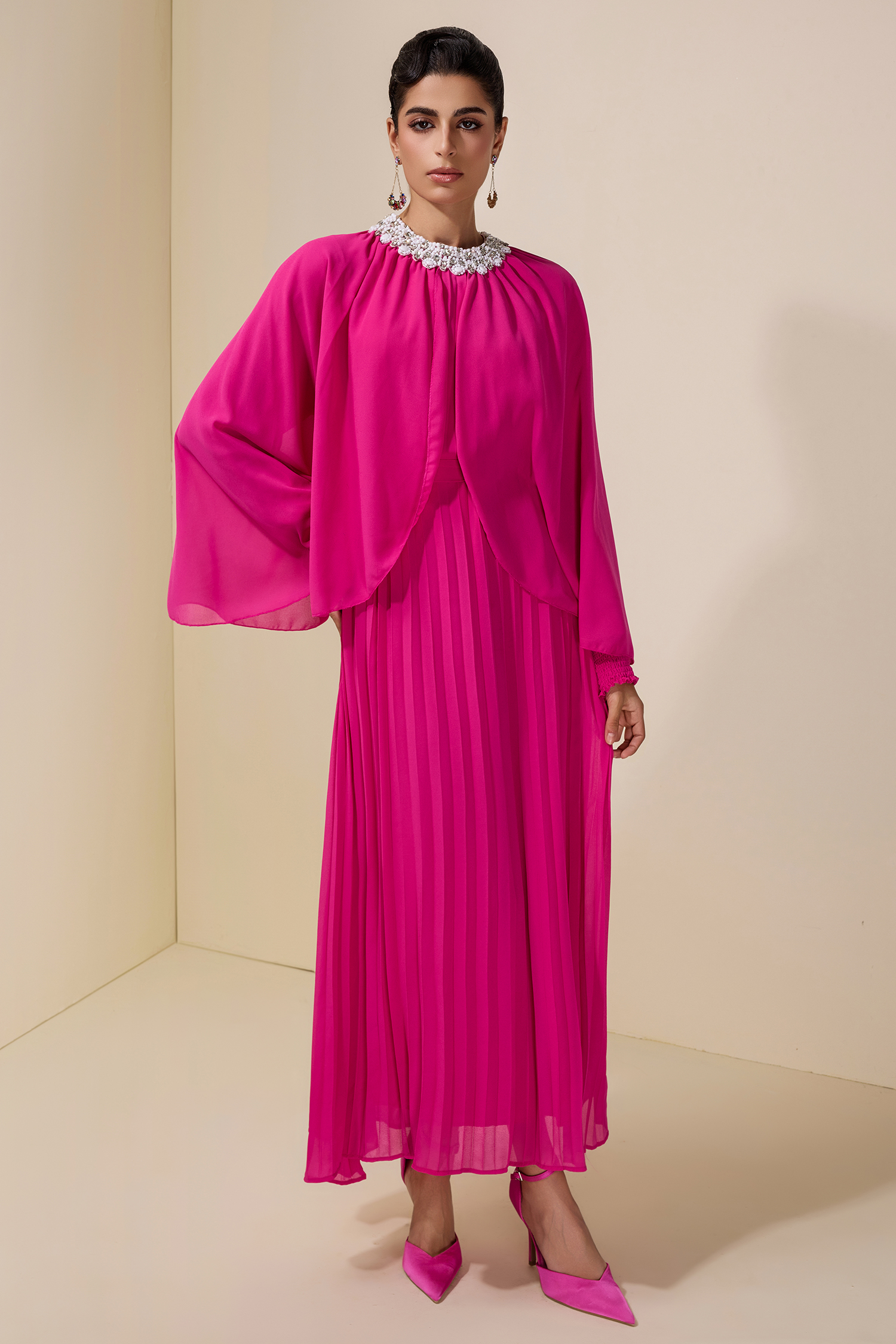 Rhinestone Rivets Pleated Cape Sleeve Midi Dress