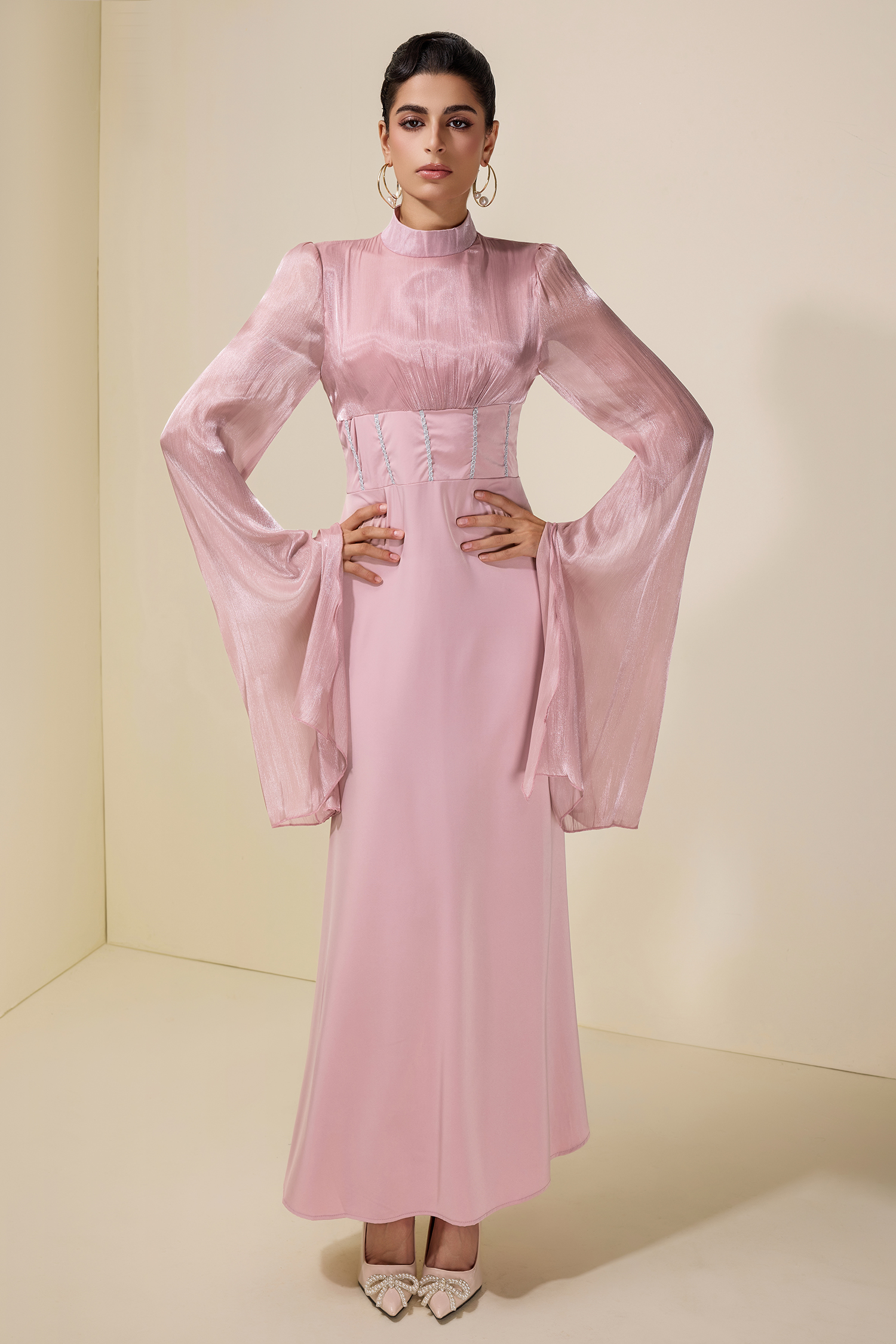 Satin Splicing Organza Cape Sleeve Maxi Dress