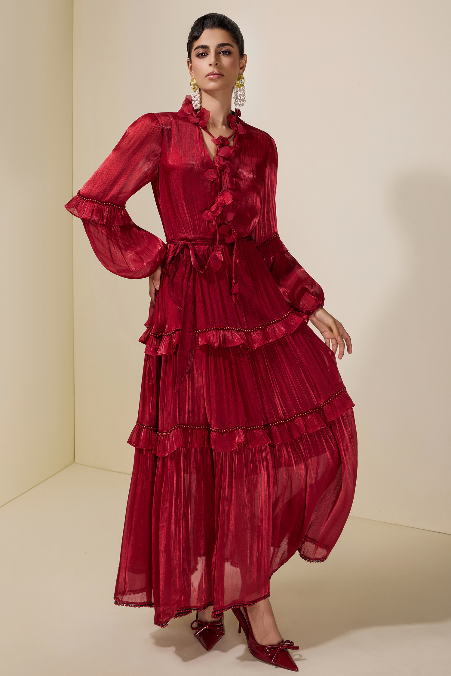 Satin Faux Pearl Frill Midi Dress With Belt