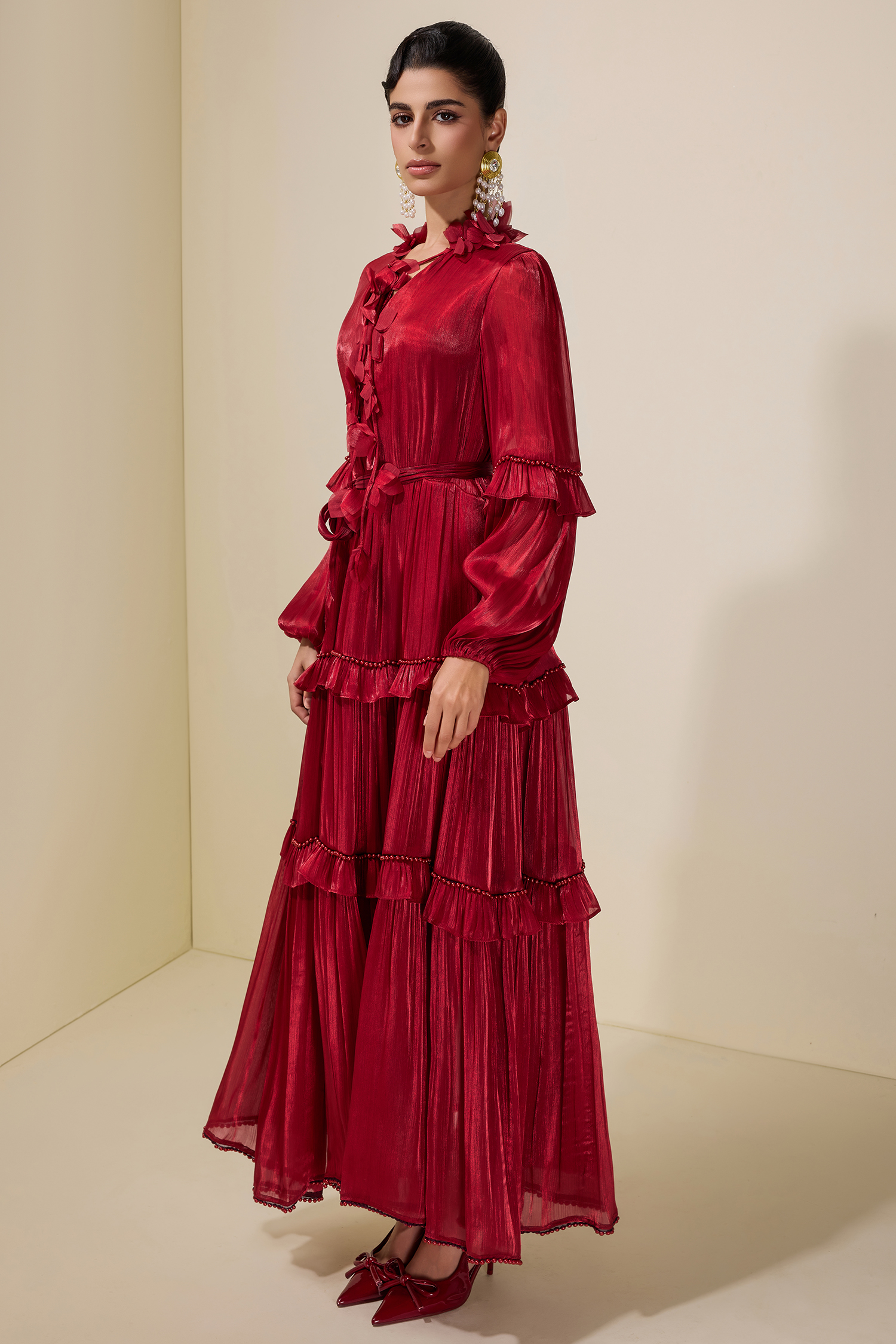 Satin Faux Pearl Frill Midi Dress With Belt