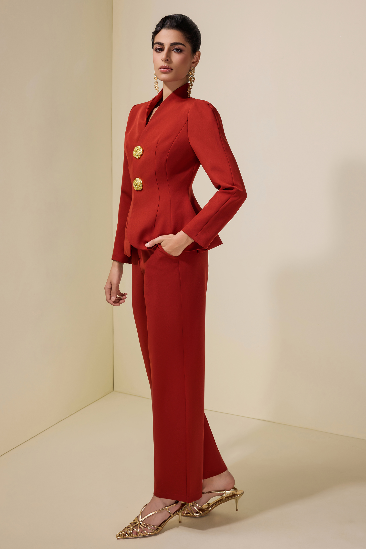 Solid Metal Button Blazer & Pants Set